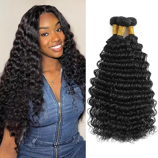 Deep Wave Bundles 12 14 16 Inch Full and Thick 3 Bundles 12A 100% Unprocessed Brazilian Virgin Human Hair Bundles Soft Curly Bundles Human Hair