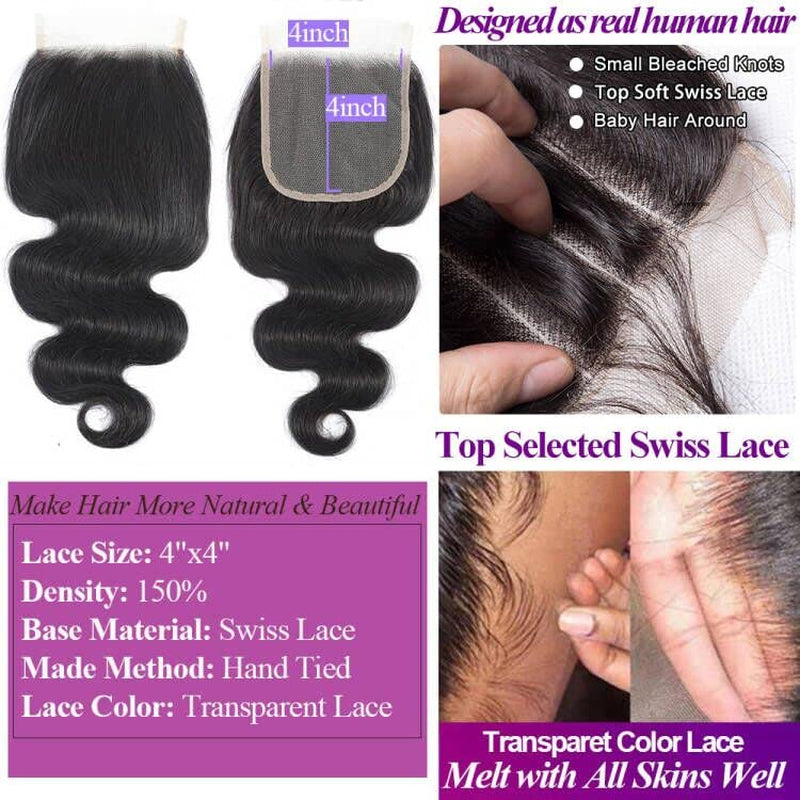 Body Wave Closure 4X4 Free Part Closure Brazilian Human Hair Closure Body Wave Lace Human Hair 100% Unprocessed Virgin Human Hair Weave Swiss Lace Closures with Baby Hair Natural Black(10Inch)