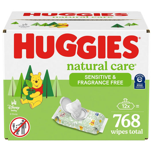Natural Care Sensitive Baby Wipes, Unscented, Hypoallergenic, 99% Purified Water, 12 Flip-Top Packs (768 Wipes Total), Packaging May Vary