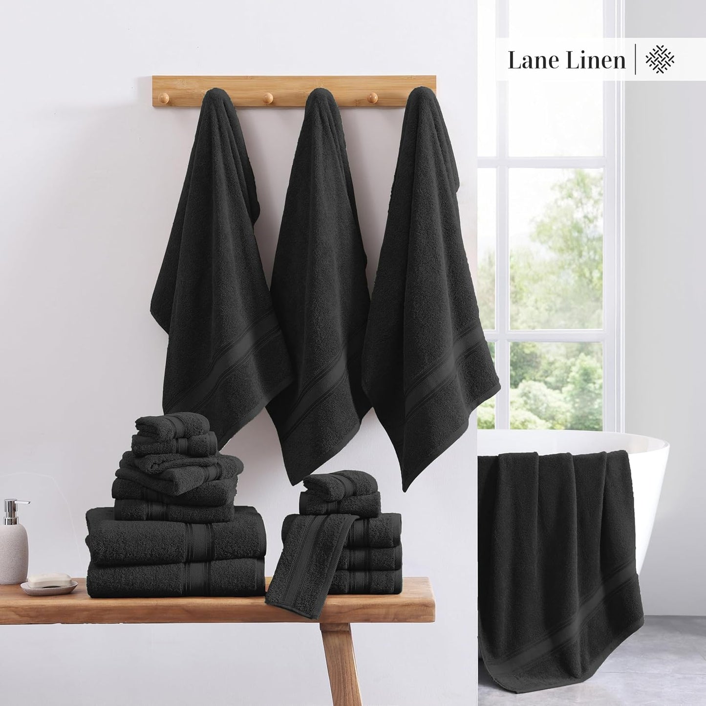 Luxury Bath Towels Set- 100% Cotton Bathroom Towels, Zero Twist, Quick Dry Shower Towel, Extra Aborbent Bath Towel, Super Soft, 6 Bath Towels, 6 Hand Towels, 6 Wash Cloths - Black (18 PC)