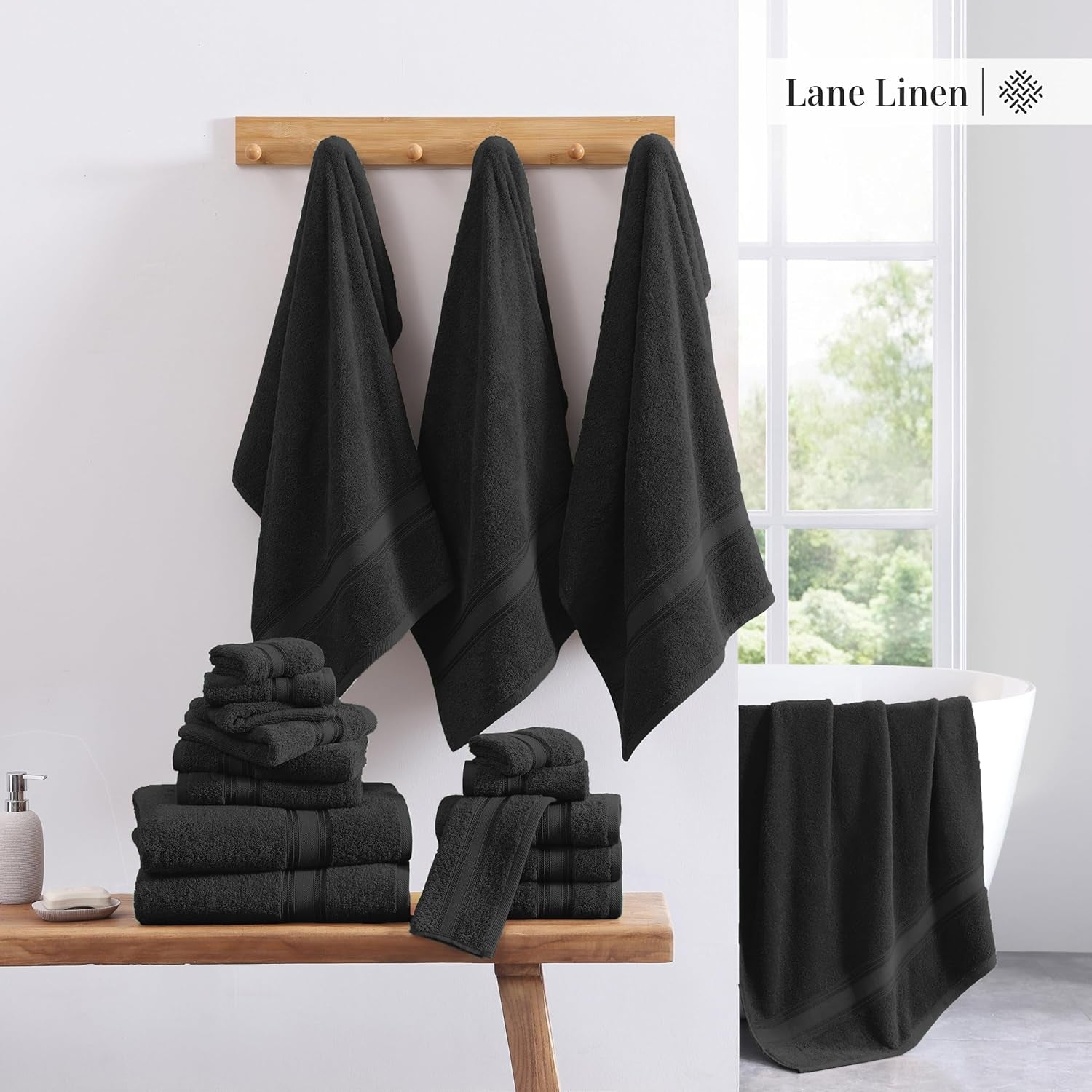Luxury Bath Towels Set- 100% Cotton Bathroom Towels, Zero Twist, Quick Dry Shower Towel, Extra Aborbent Bath Towel, Super Soft, 6 Bath Towels, 6 Hand Towels, 6 Wash Cloths - Black (18 PC)