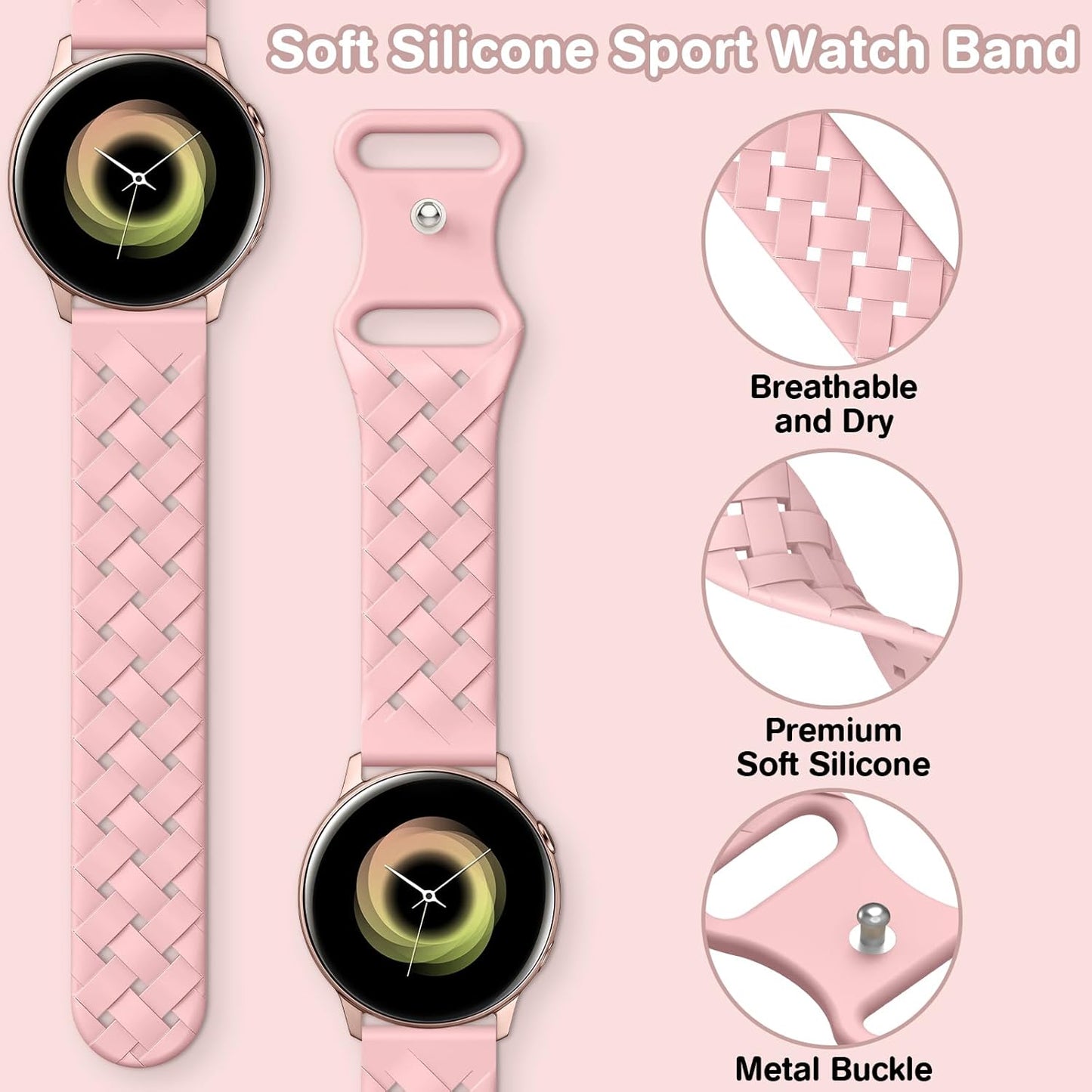 Braided Silicone Band Compatible with Samsung Galaxy Watch 6/5/4 Band 40Mm 44Mm, Galaxy Watch 5 Pro 45Mm,Galaxy Active 2,Galaxy Watch 3,20Mm Soft Silicone Sport Strap Breathable Wristbands for Women