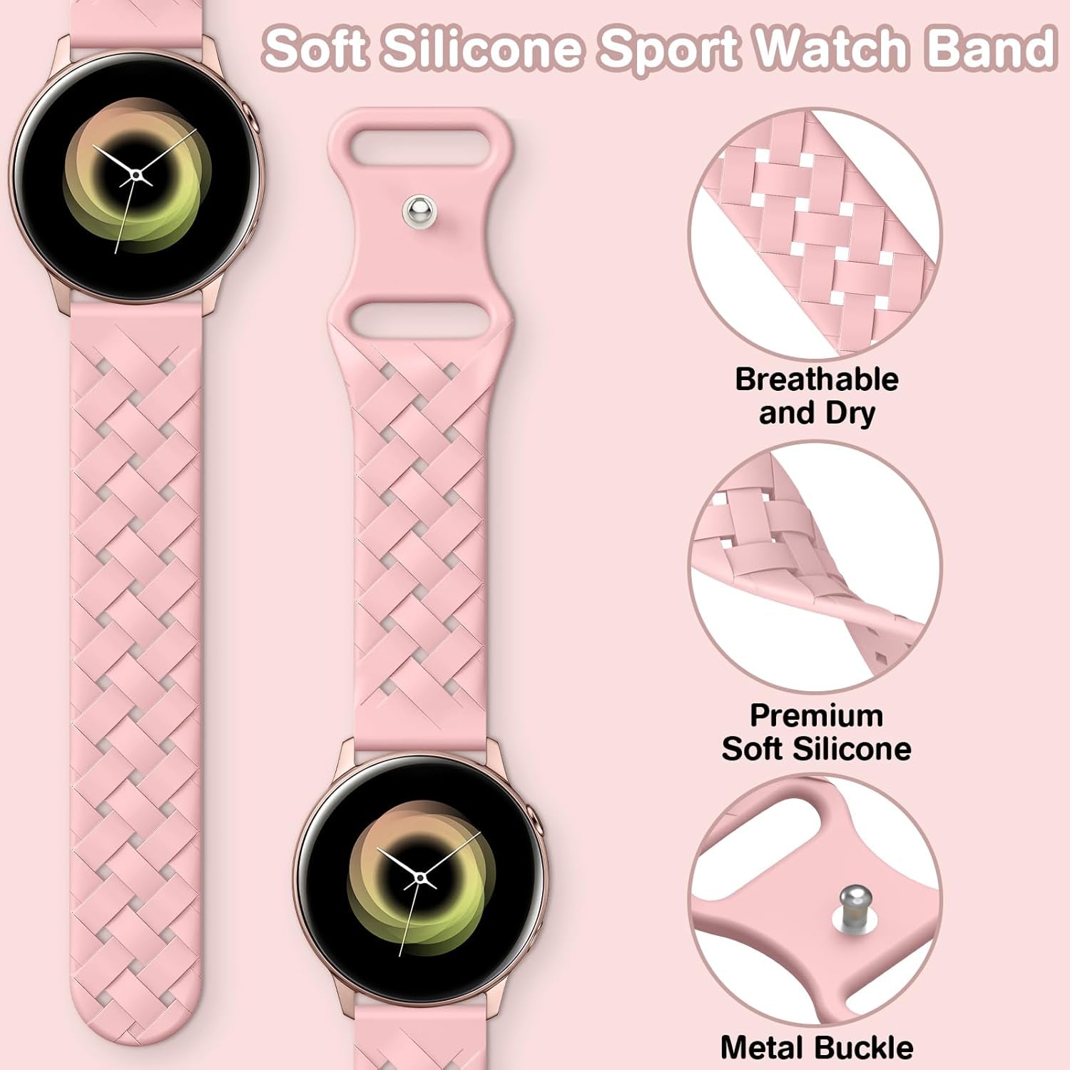 Braided Silicone Band Compatible with Samsung Galaxy Watch 6/5/4 Band 40Mm 44Mm, Galaxy Watch 5 Pro 45Mm,Galaxy Active 2,Galaxy Watch 3,20Mm Soft Silicone Sport Strap Breathable Wristbands for Women