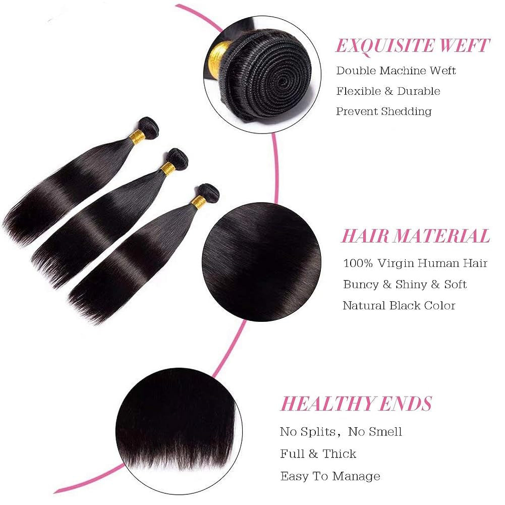 Straight Human Hair Bundles Weave 8 8 8 Inch 100% Unprocessed Brazilian Virgin Weave Hair Human Bundles for Women Remy Weft Short Human Hair 3 Bundles Straight Hair Extensions Natural Black Color