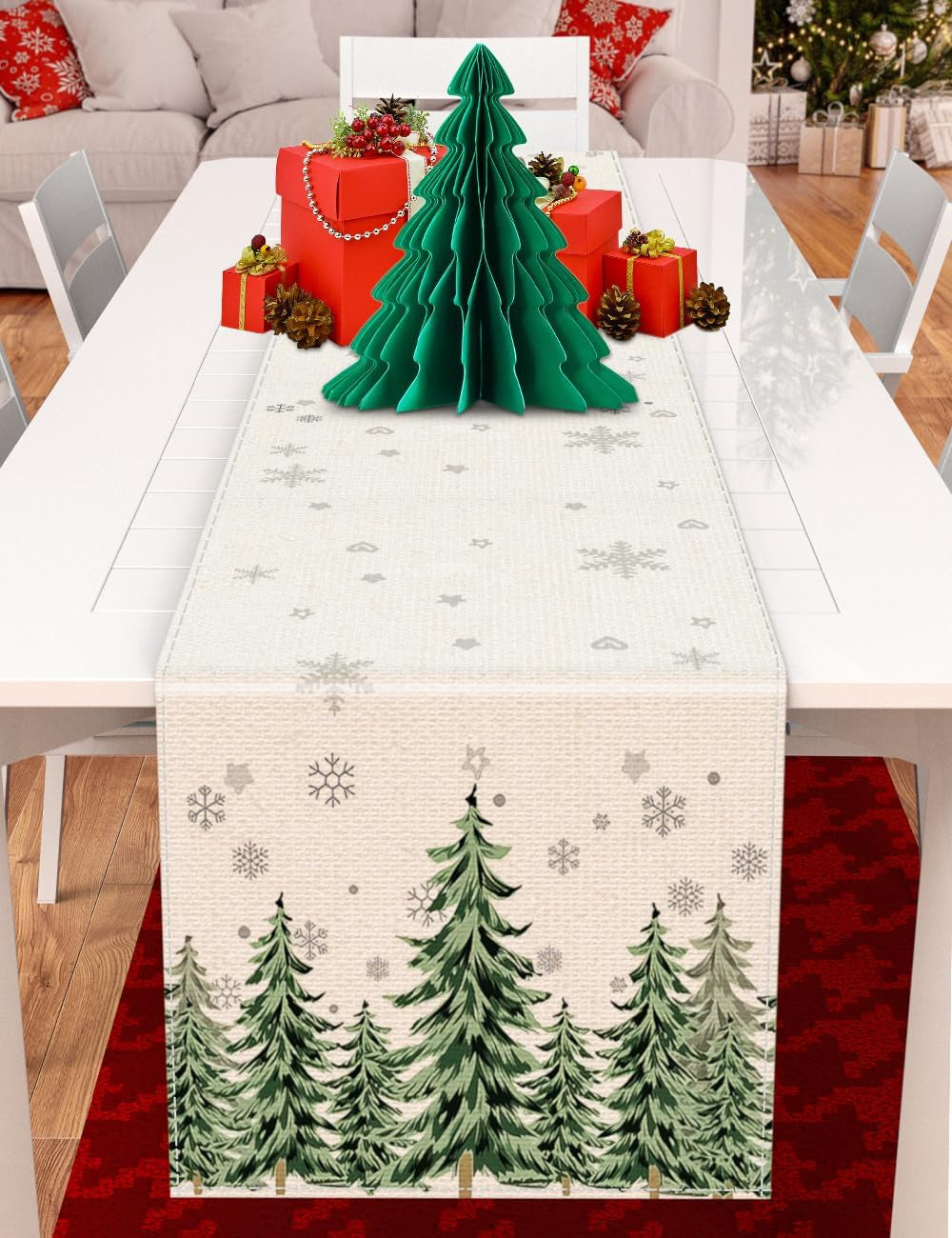 Set of 2 Christmas Table Runner, Including Linen Christmas Trees Table Runner, Merry Christmas Santa Claus Table Runner for Xmas Holiday Seasonal Winter Decoration Indoor Party Wedding 90In
