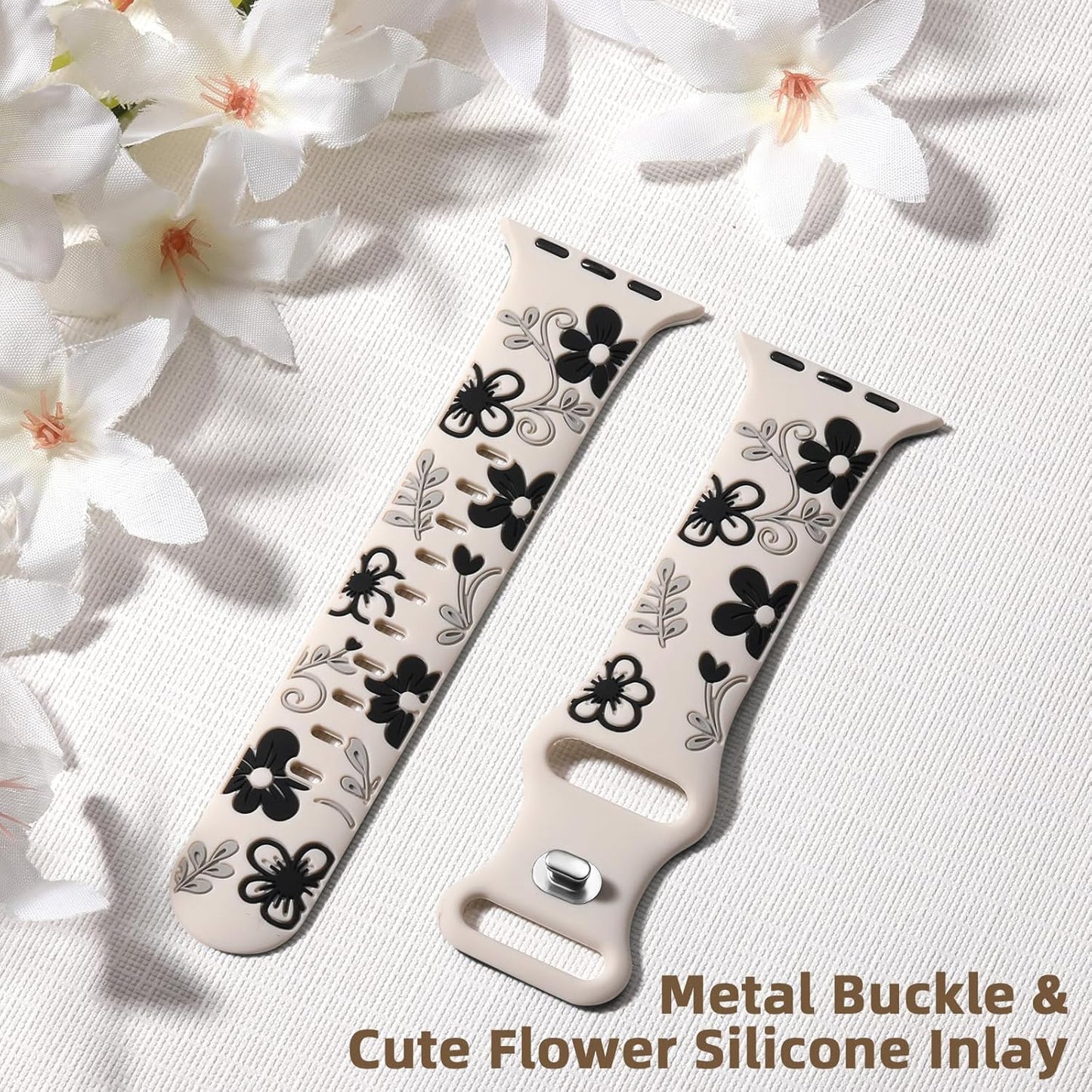 Cute Floral Band Compatible with Apple Watch Bands for Women 42Mm 41Mm 40Mm 38Mm 44Mm 45Mm 46Mm 49Mm, Engraved Flower Soft Silicone Inlay Strap for Iwatch Series 10 9 8 7 6 5 4 3 2 SE Ultra