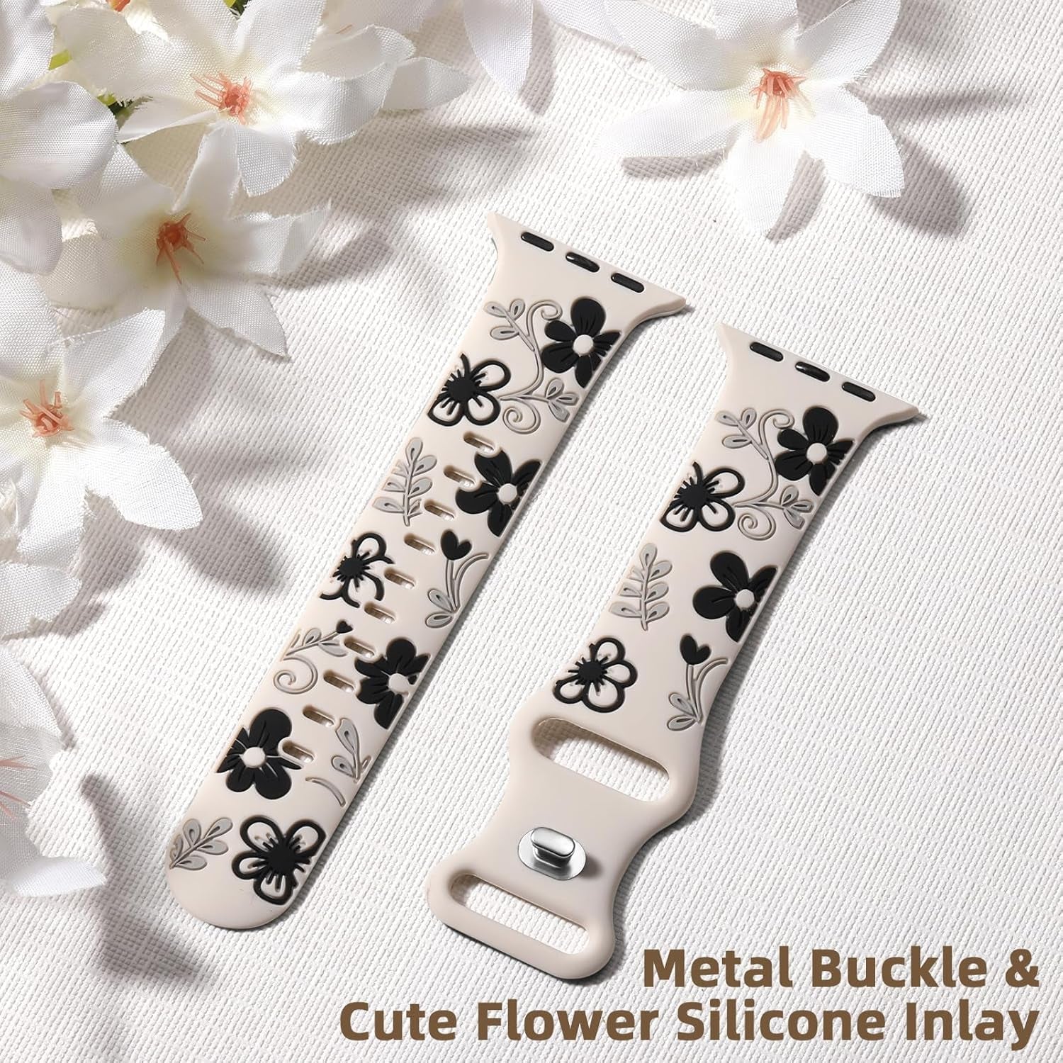 Cute Floral Band Compatible with Apple Watch Bands for Women 42Mm 41Mm 40Mm 38Mm 44Mm 45Mm 46Mm 49Mm, Engraved Flower Soft Silicone Inlay Strap for Iwatch Series 10 9 8 7 6 5 4 3 2 SE Ultra
