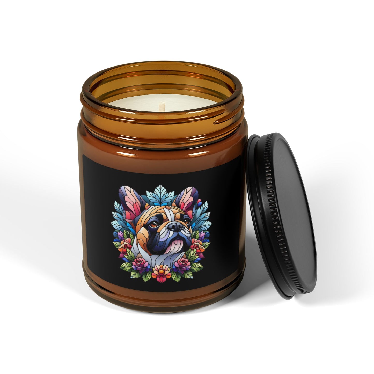 French Bulldog Stained Glass Scented Soy Candle (Multi-Size, Amber Jar)