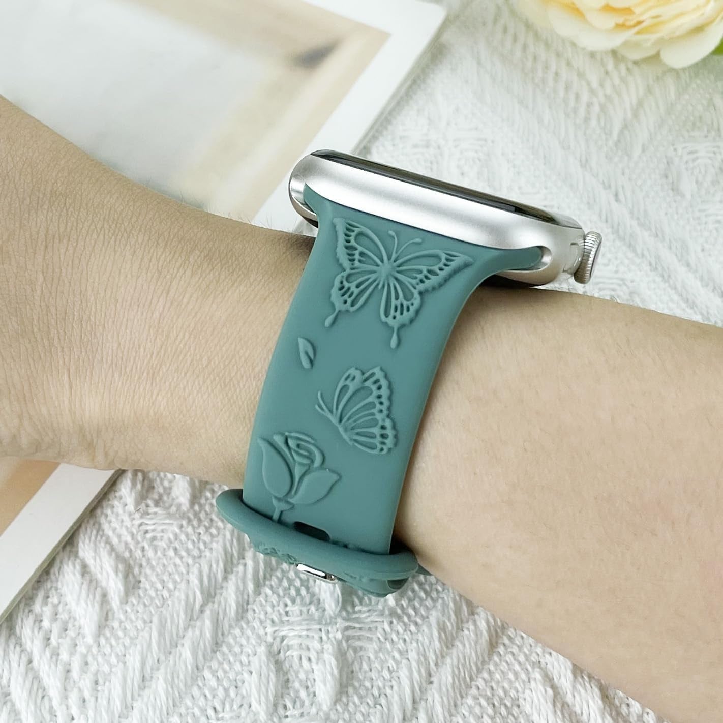 Floral Butterfly Soft Silicone Band Compatible with Apple Watch Bands for Women Series 1 2 3 4 5 6 7 8 9 SE SE2, Women'S Sport Iwatch Band for Iwatch 40Mm 41Mm 38Mm - Elegant Green