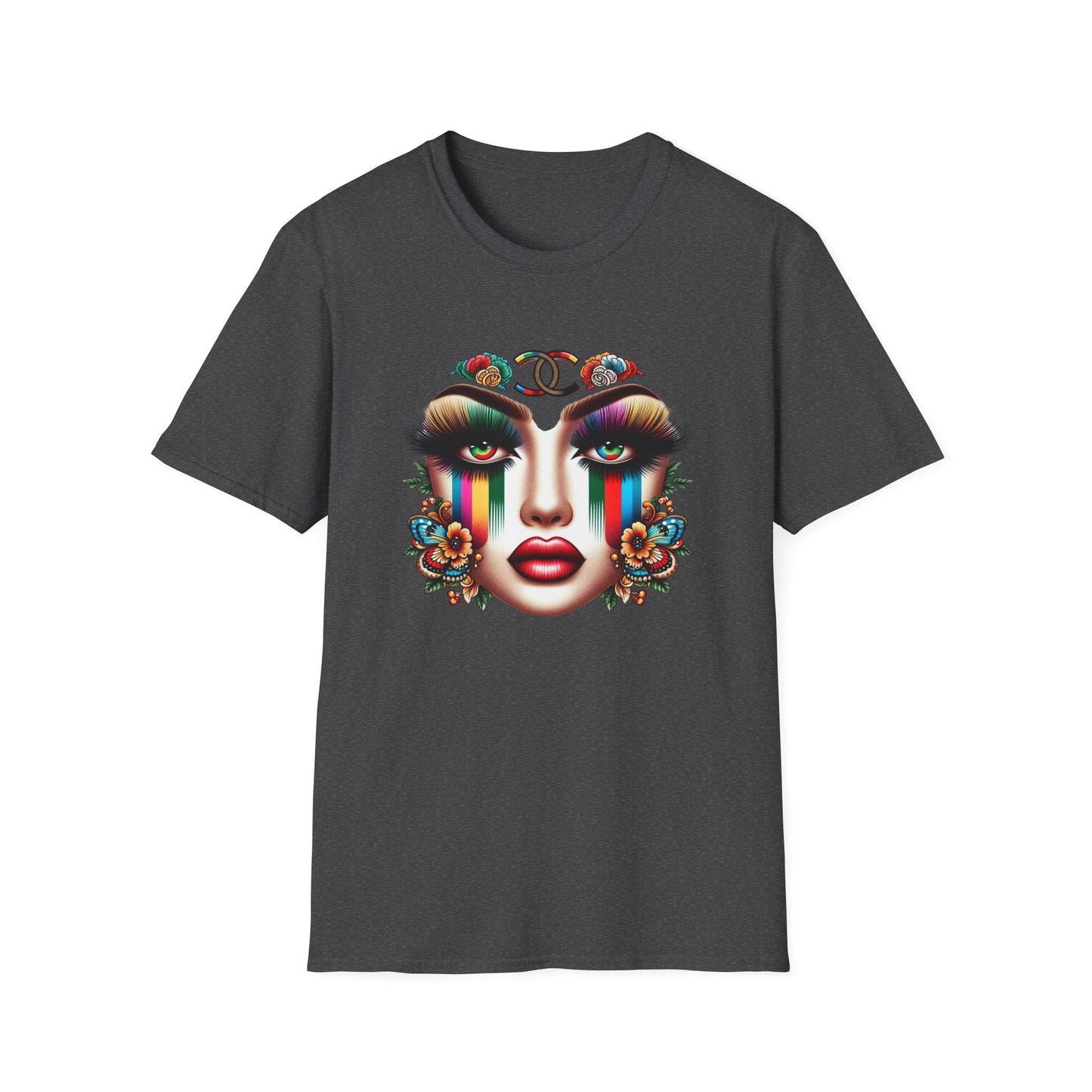 Gucci Inspired Vibrant Art Face Unisex Softstyle T-Shirt - Colorful Floral Design