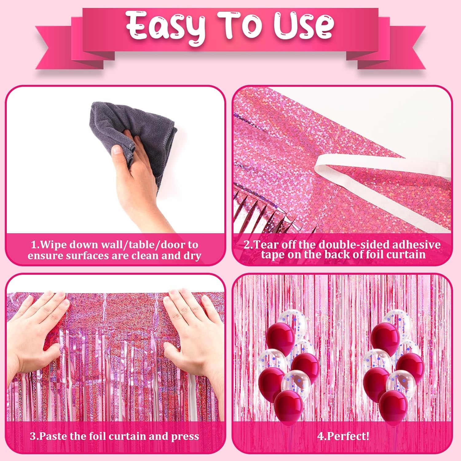 2 Pack Laser Pink Tinsel Foil Fringe Curtains, Pink Party Decorations, Metallic Tinsel Party Streamers Backdrop for Birthday Bachelorette Baby Shower Graduation Wedding Party Decorations