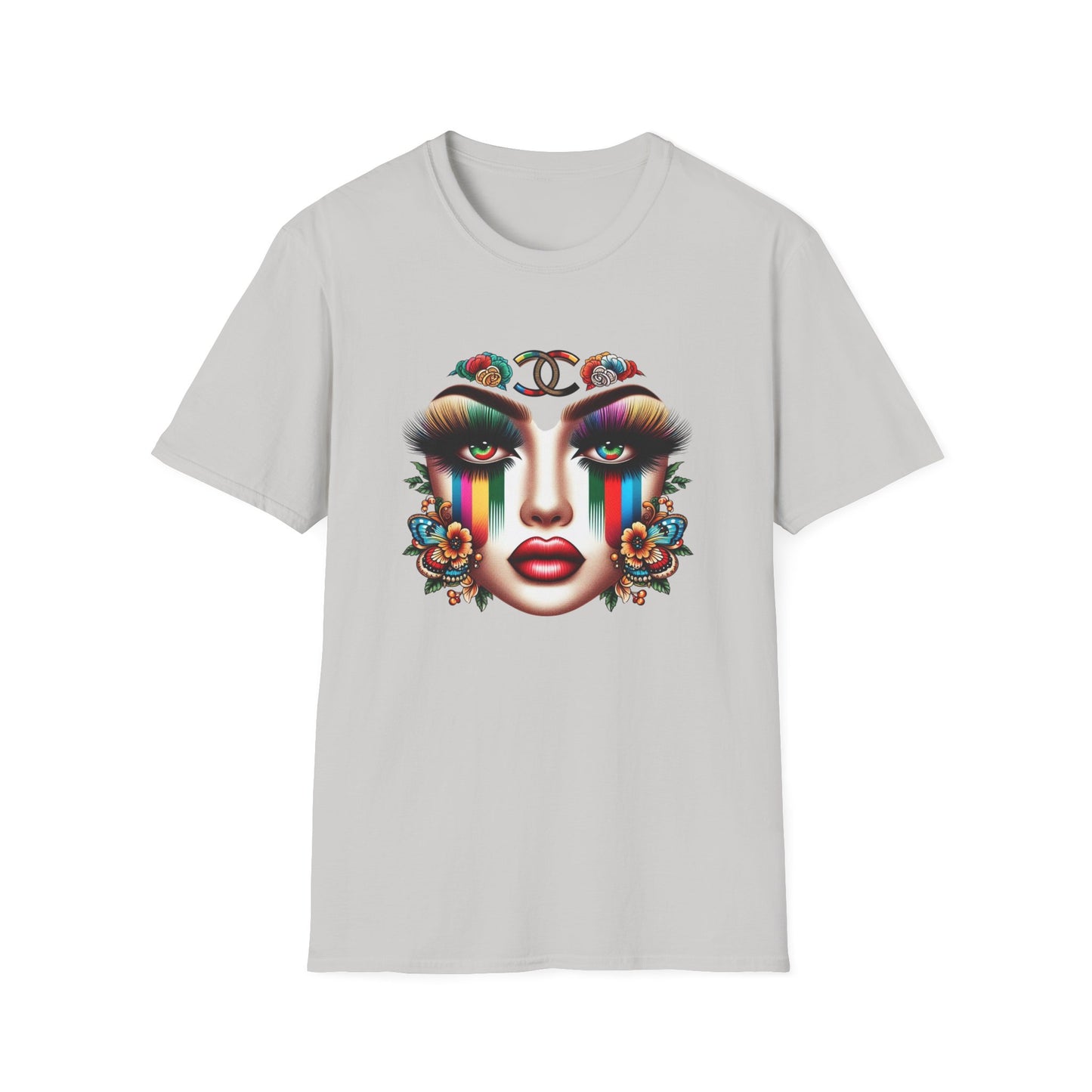 Gucci Inspired Vibrant Art Face Unisex Softstyle T-Shirt - Colorful Floral Design