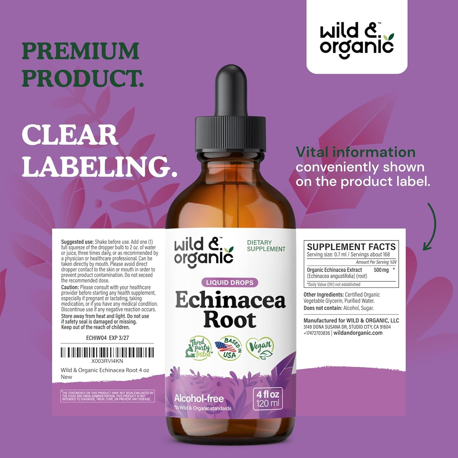Echinacea Drops - Immune Support Supplement with Echinacea Angustifolia - Liquid Root Extract Tincture - Vegan, Sugar & Alcohol-Free - 4 Fl Oz TLBH