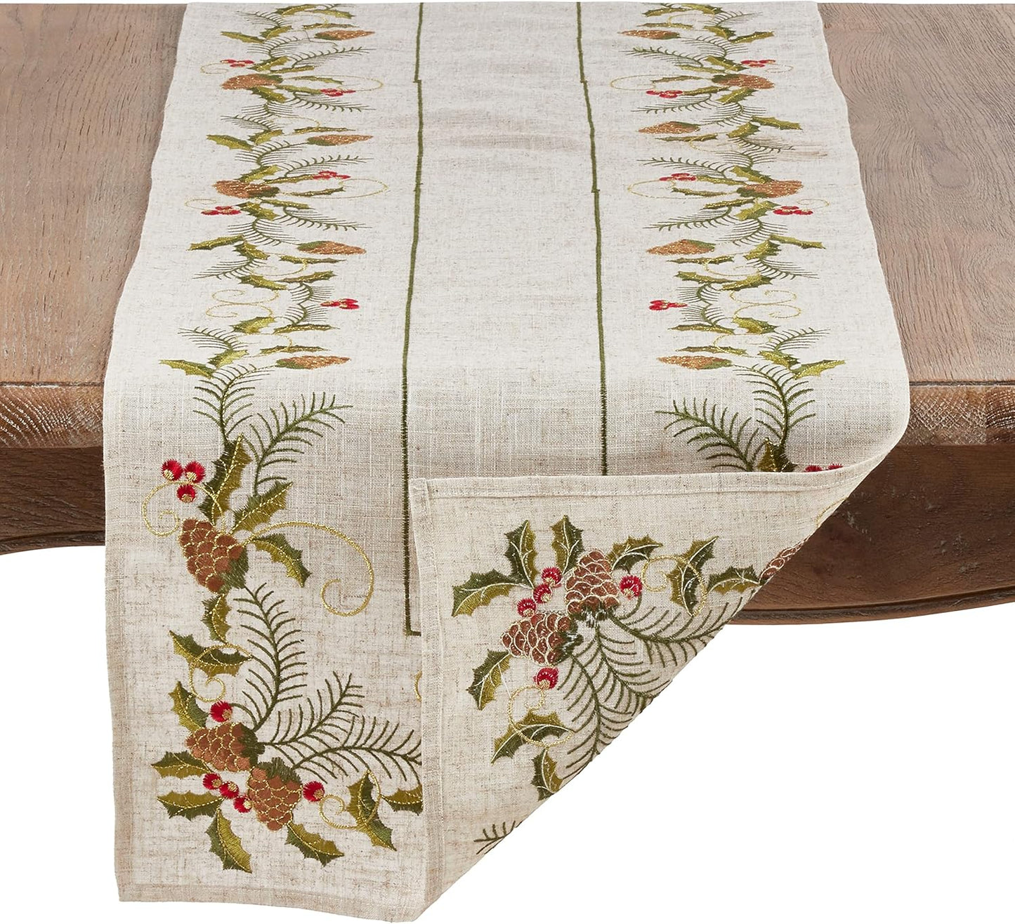 1851.N16108B Joyeuses Fêtes Collection Embroidered Pinecone and Holly Table Runner, 16" X 108", Natural