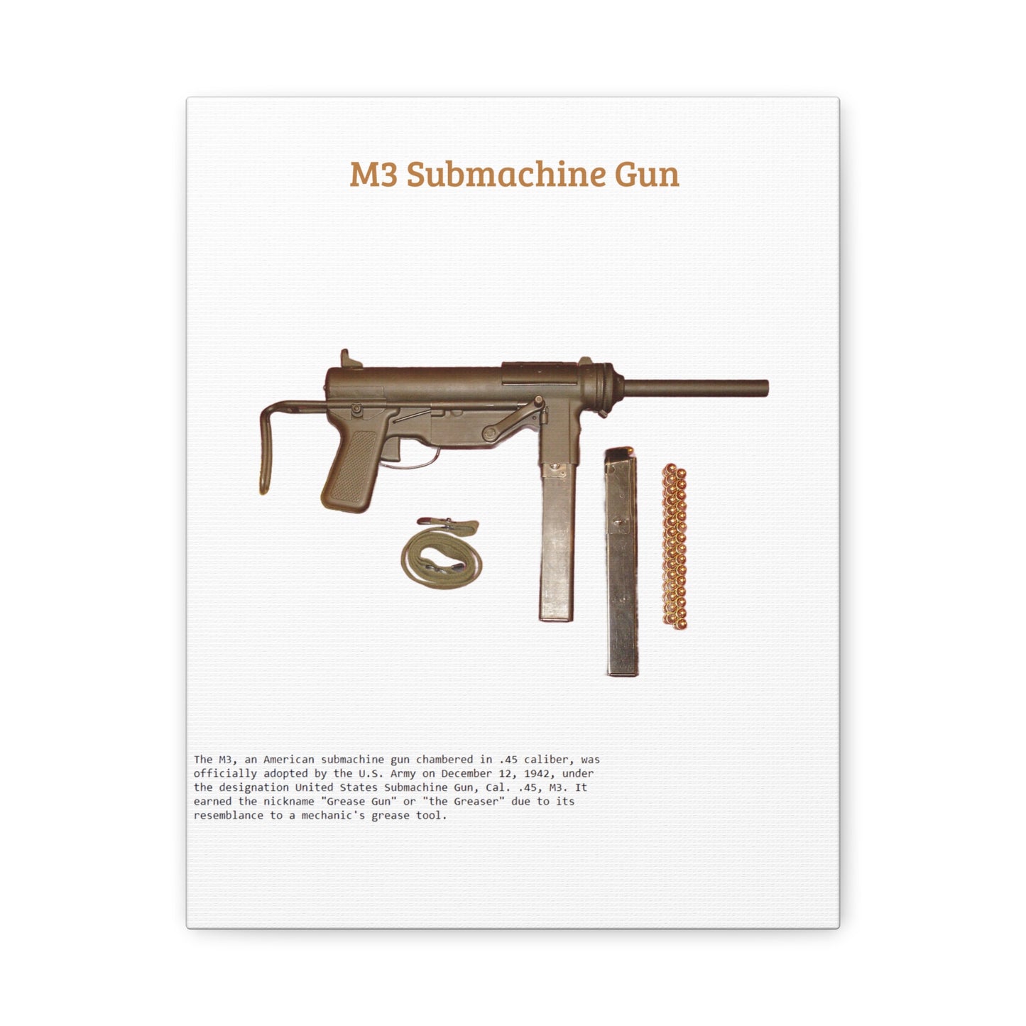 Grease Gun M3 submachine gun Matte Canvas, Stretched, 1.25"