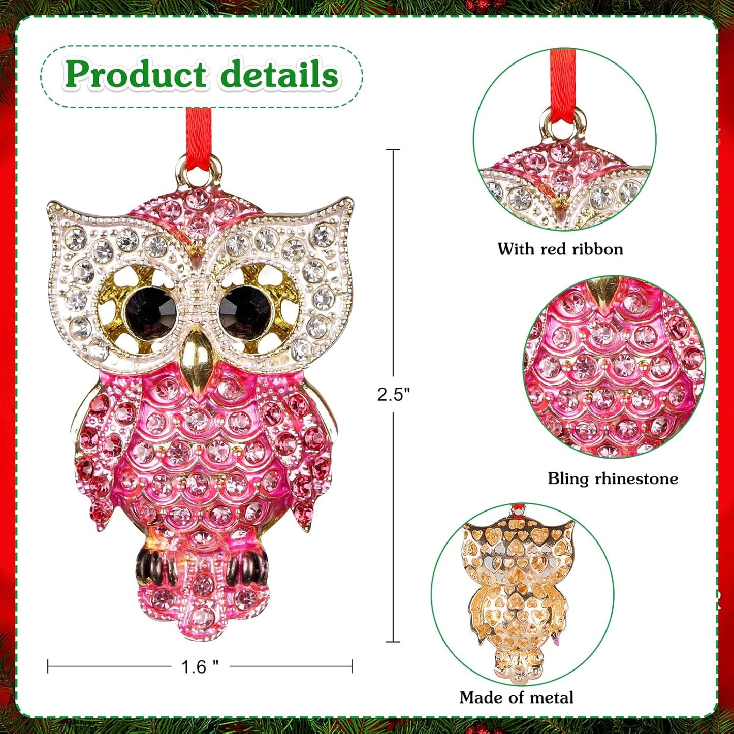 Metal Owl Christmas Ornaments 2024 Owl Decor Pink Owl Keepsake Christmas Tree Ornaments Decorations, Owl Christmas Ornaments Gifts for Women Girls Mom Owl Lovers