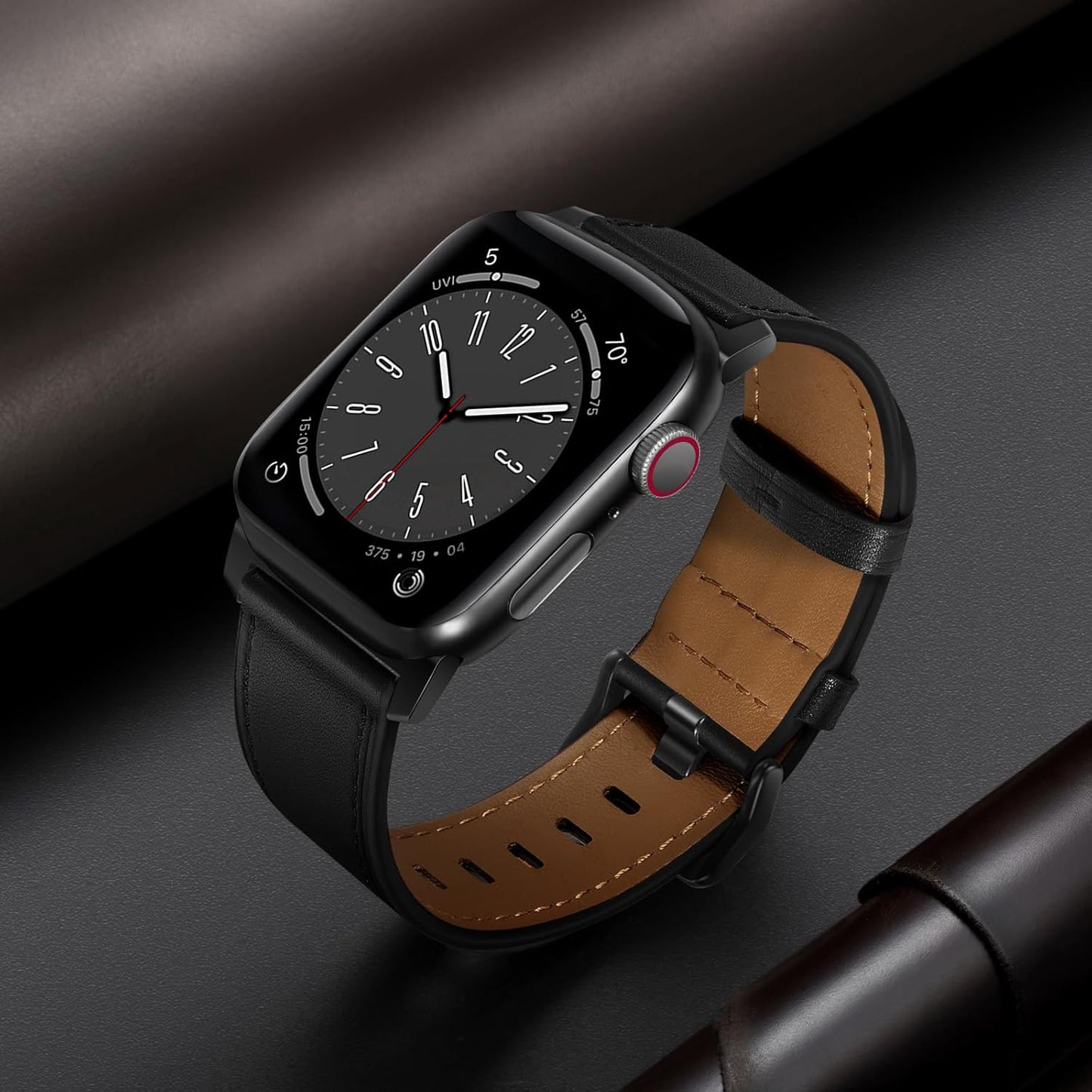 Compatible with Apple Watch Band 41Mm 40Mm 38Mm Men Women, Top Grain Genuine Leather Band Strap for Iwatch Series 9 8 7 6 5 4 3 2 1 SE, Black/Black