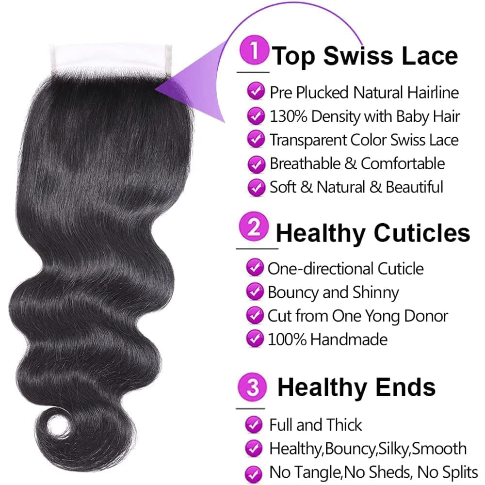 Hair 12A Brazilian Body Wave Bundles with Closure (10 12 14+10,Free Part)100% Unprocessed Brazilian Virgin Human Hair Body Wave Bundles with Closure Natural Black Color