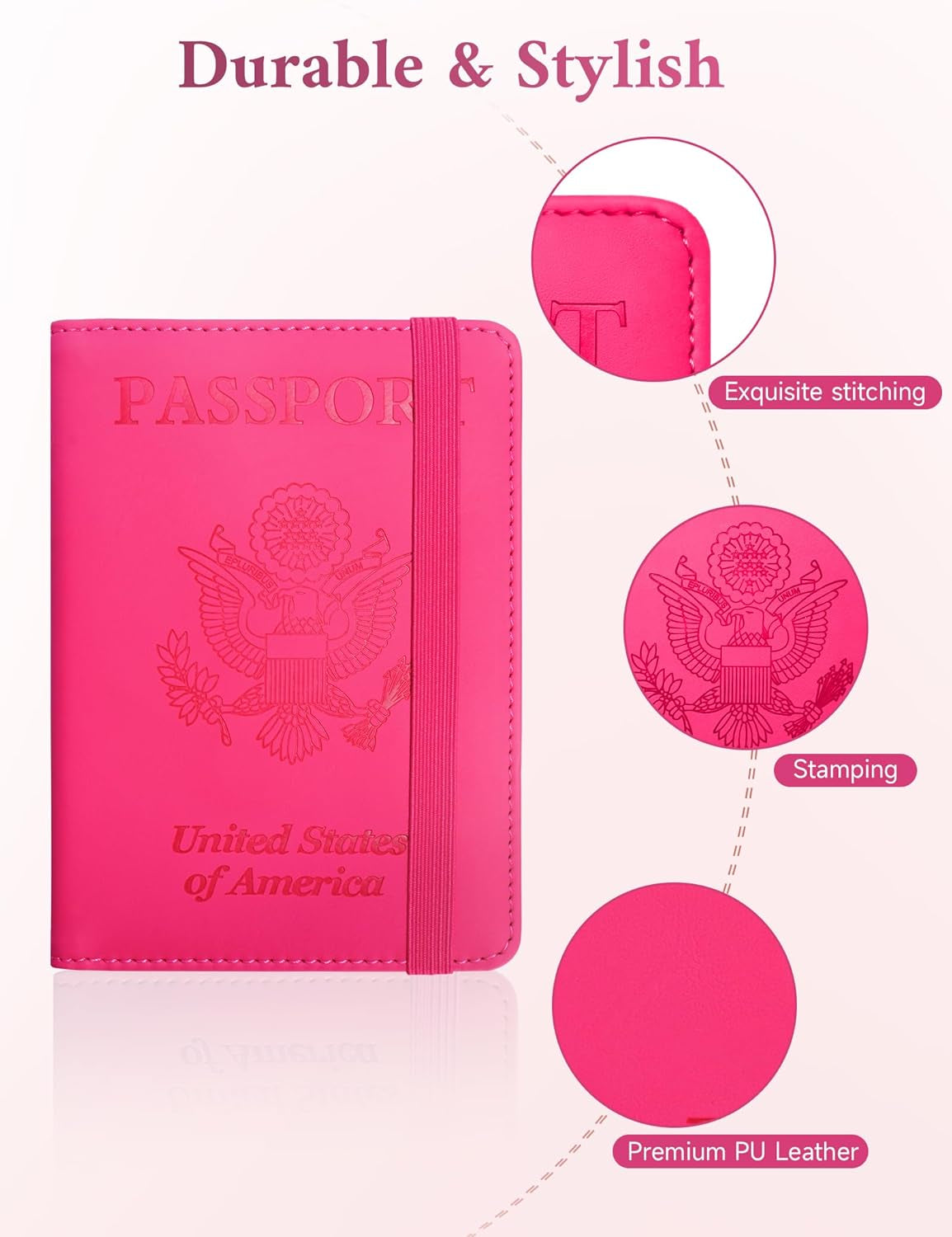 Passport Holder, RFID Blocking Passport Cover Wallet Case with Elastic Strap, Faux Leather Passport Card Holder, Cute Travel Essentials for Women Men Family, Hot Pink TLBH