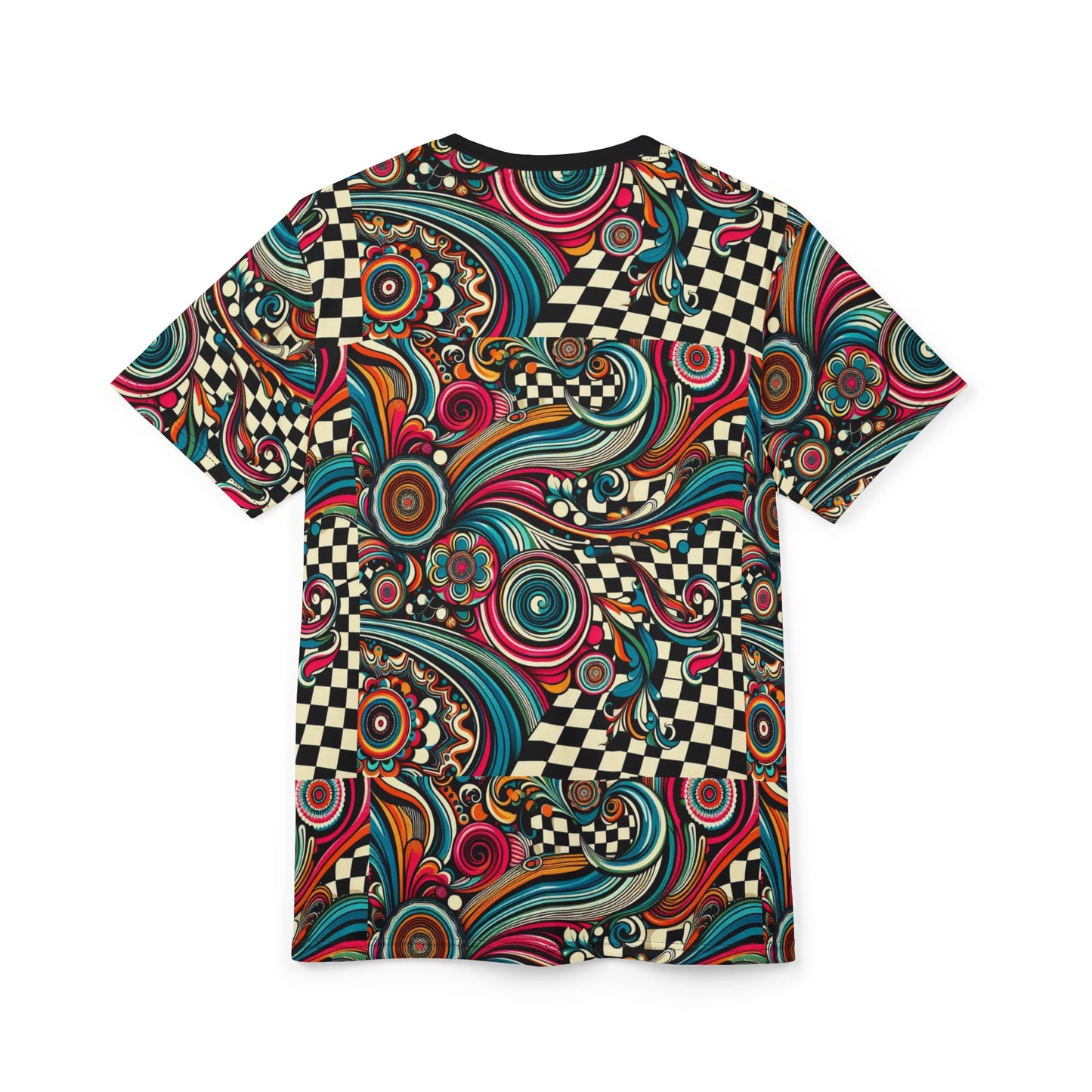 Vibrant Unisex Cut & Sew Tee with Colorful Swirls & Checkered Design