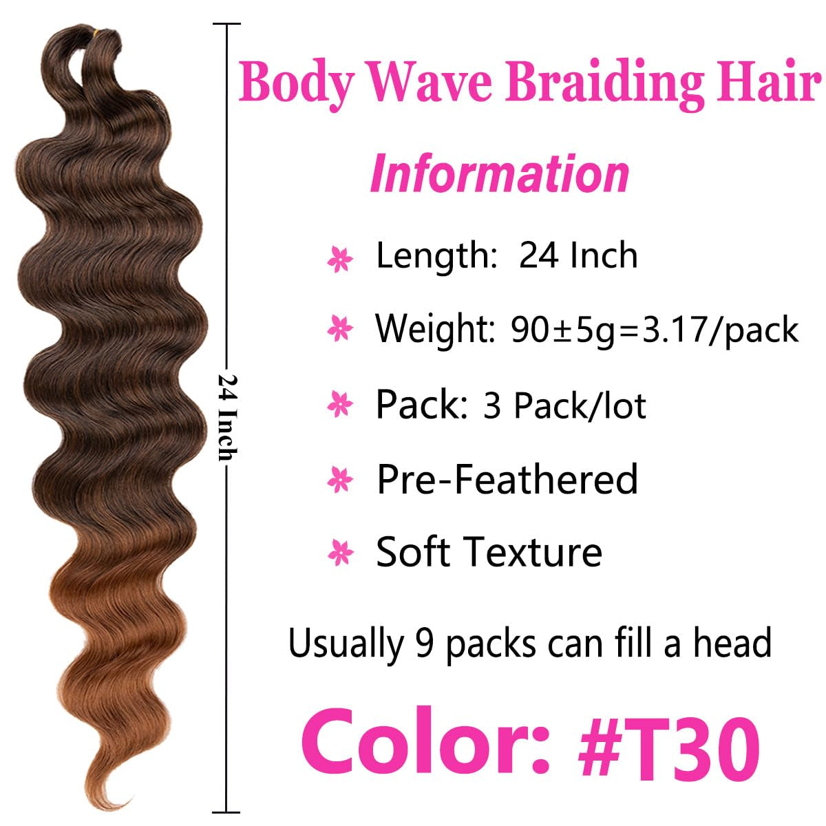 3 Packs Body Wave Braiding Hair 24 Inch Ombre Pre-Feathered Bouncy French Curl Wavy Braiding Hair Wavy Texture Braiding Ocean Deap Twist Crochet Hair Synthetic Hair Extensions(T30#)