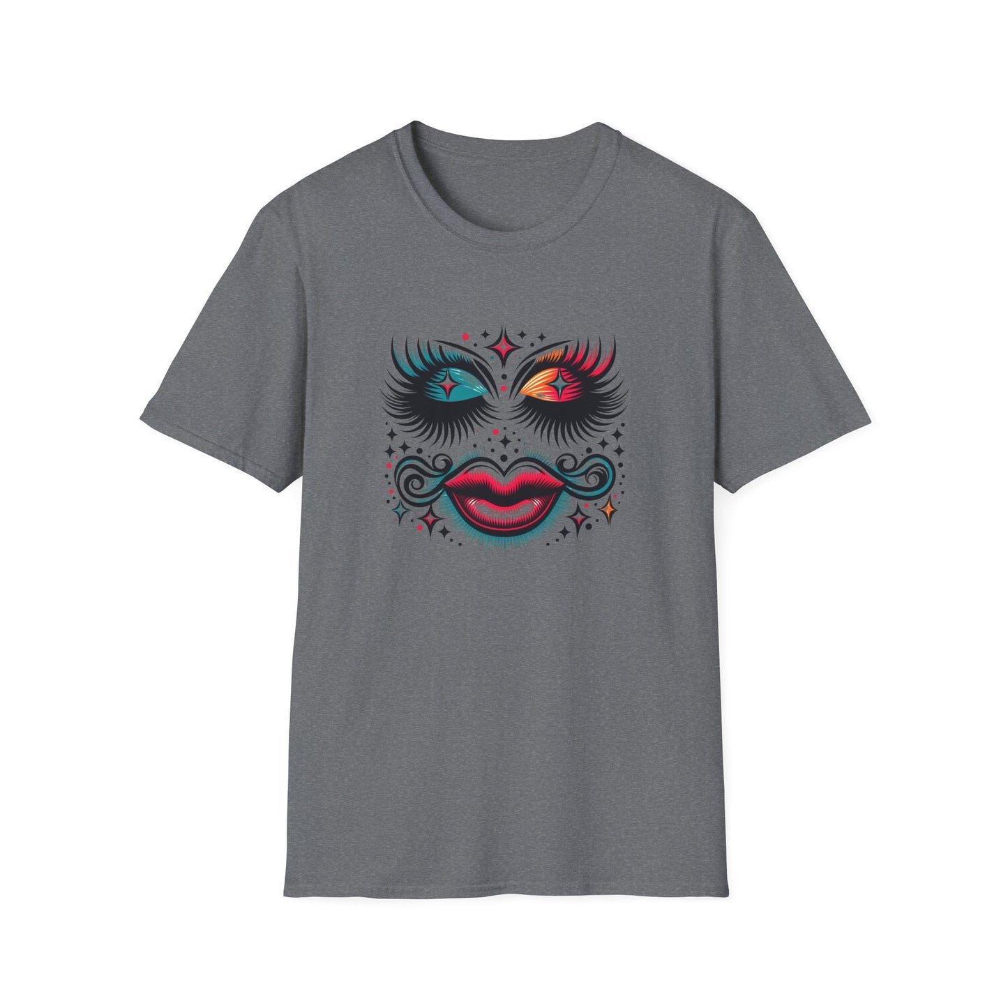 LASHES Vibrant Face Graphic T-Shirt - Unisex Softstyle Tee for Festivals & Celebrations