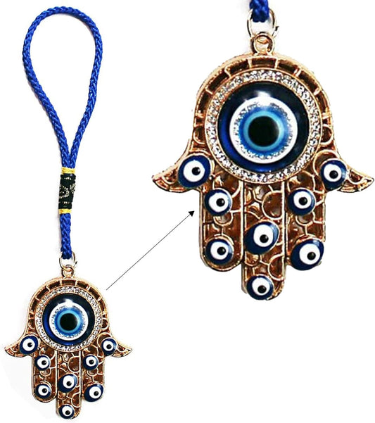 Hamsa Hand Amulet Pendant W/Crystal Rhinestones Blue, White & Black Evil Eye Car Hanging Ornament Rear View Mirror Accessories - Door, Wall, Bag Charms (Gold & Matching Tassel)