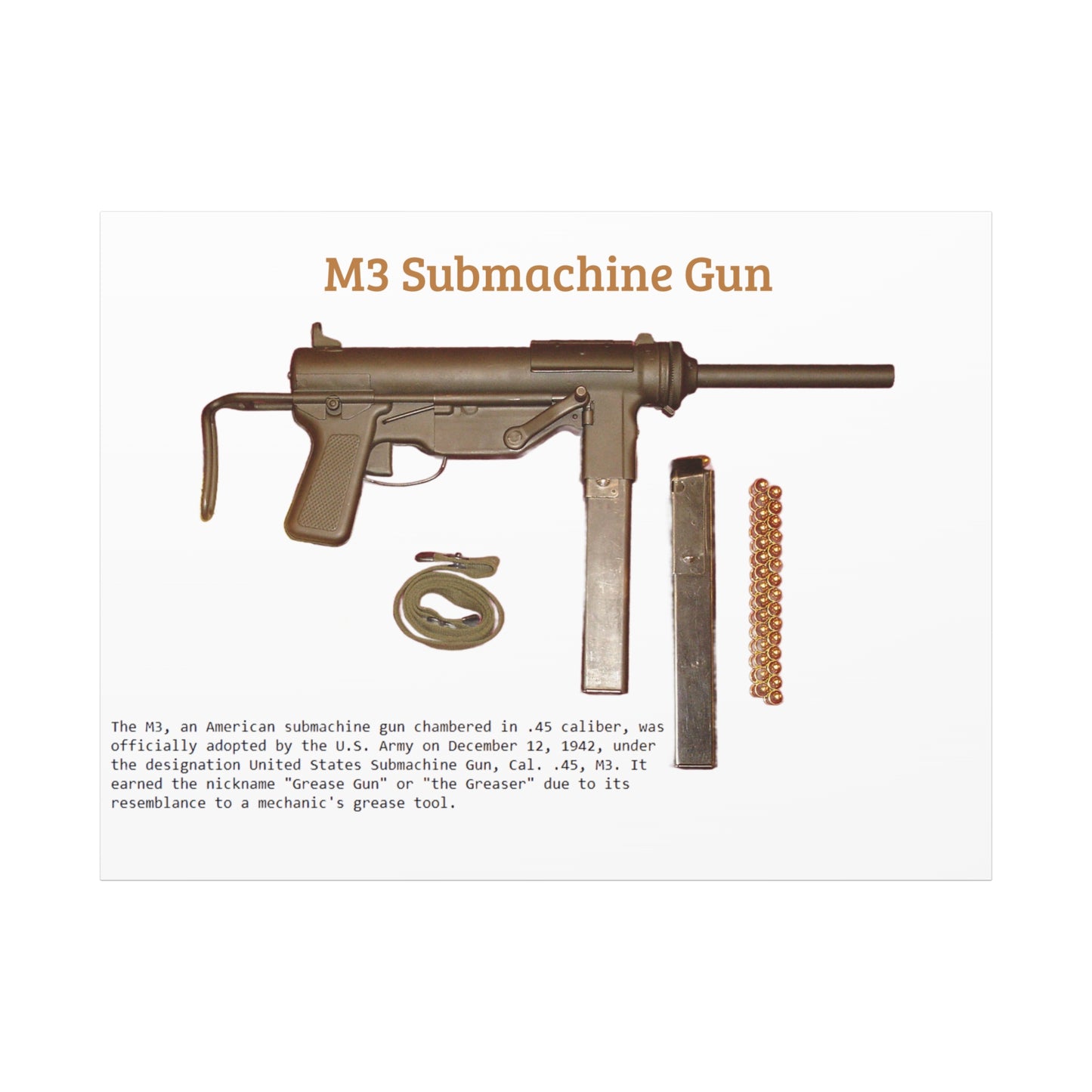 Grease Gun M3 submachine gun Matte Canvas, Stretched, 1.25"