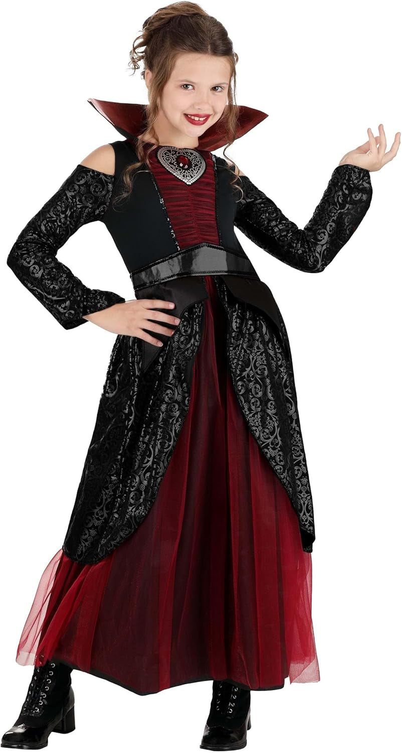 Girl'S Crimson Vampire Queen Costume, Child Vampiress Outfit for Halloween, Vampire Dress with Collar