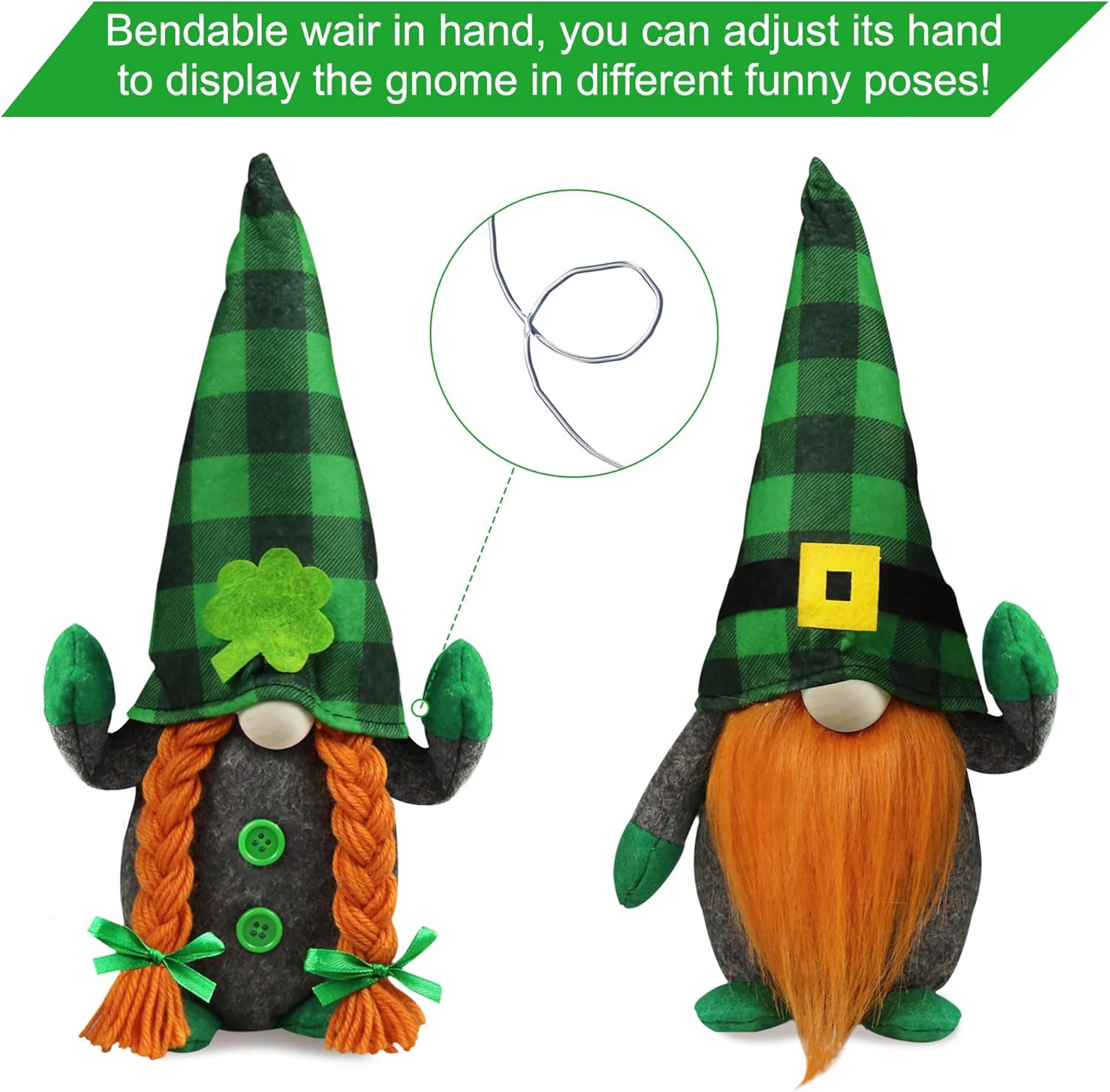St.Patrick'S Day Gnome Plush Elf Decorations - Mr and Mrs Green Buffalo Check Plaid Handmake Scandinavian Tomte - Saint Patrick'S Day Irish Decorations, Home Table Ornament