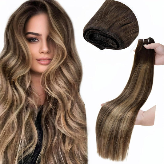Sew in Hair Extensions Real Human Hair 24 Inch Balayage Brown Mix Caramel Blonde Sew in Hair Extensions 120G Double Weft Extensions Human Hair Brown Long Straight