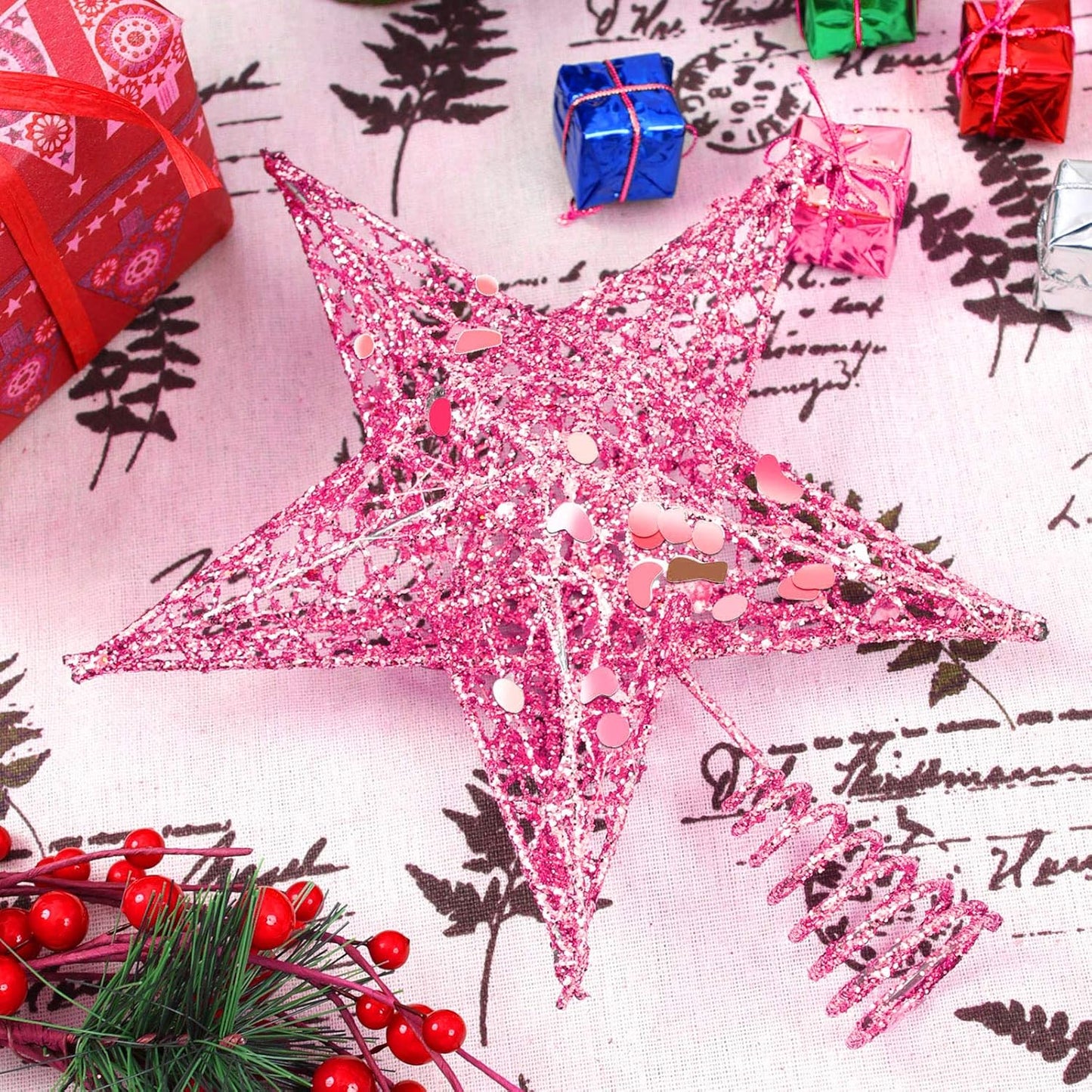 Glittered Christmas Tree Topper Metal Christmas Treetop Hallow Wire Star Topper for Christmas Home Decoration (8 Inches, Pink)