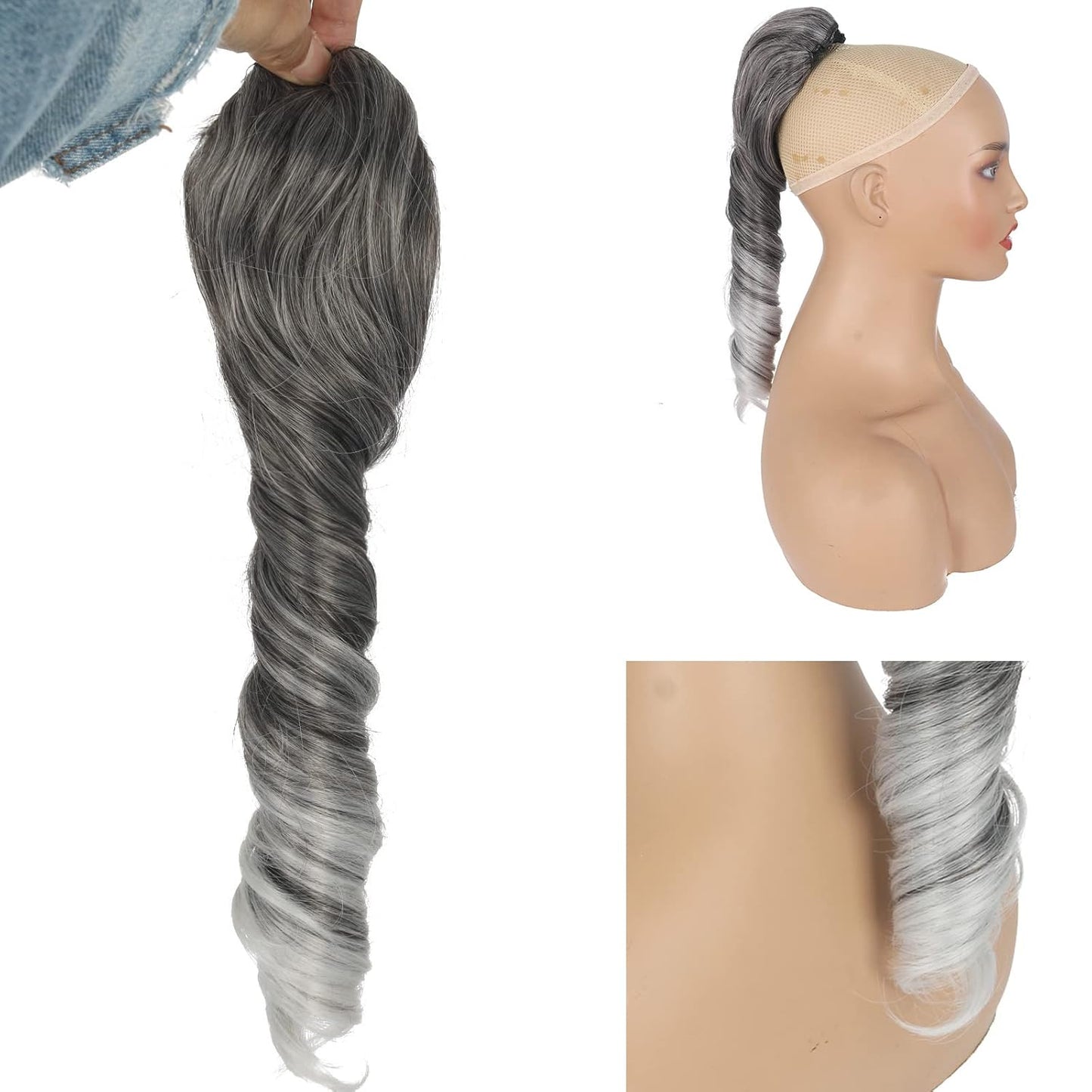 Salt and Pepper Ponytails Extension Drawstring Ponytail for Black Women, Short Curly Ponytails Silver Gray Ponytail Sleek Fake Ponytail Clip in on Hair Pieces for Black Women for Girls 14Inch