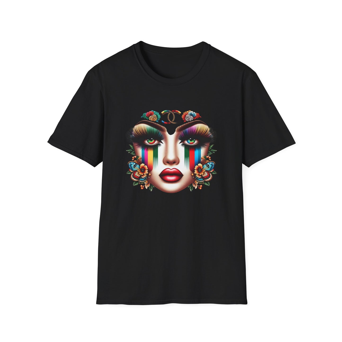 Gucci Inspired Vibrant Art Face Unisex Softstyle T-Shirt - Colorful Floral Design