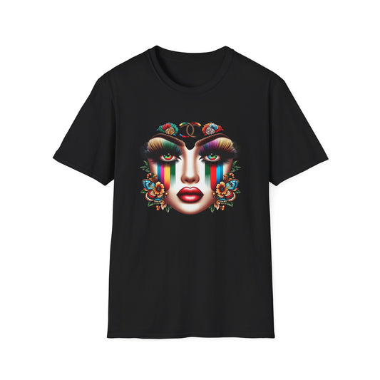 Gucci Inspired Vibrant Art Face Unisex Softstyle T-Shirt - Colorful Floral Design