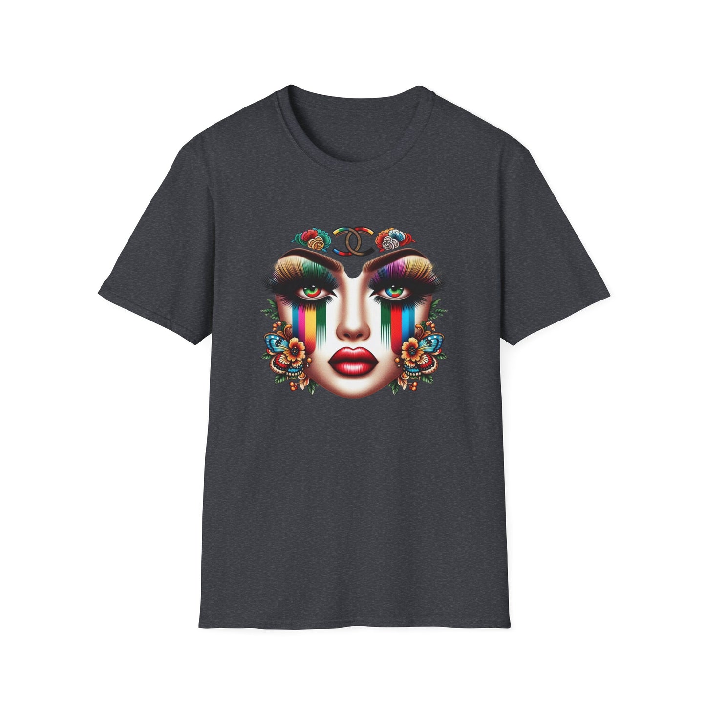 Gucci Inspired Vibrant Art Face Unisex Softstyle T-Shirt - Colorful Floral Design