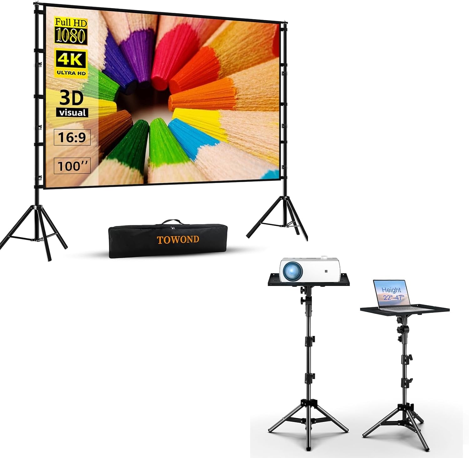 Projector Screen and Stand, 100 Inch, Projector Stand Tripod Portable Laptop Tripod Stand Adjustable Height 22 to 47Inch
