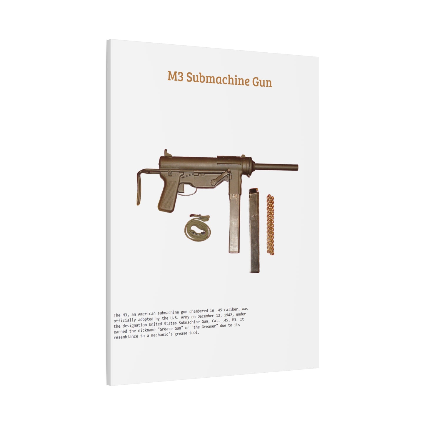 Grease Gun M3 submachine gun Matte Canvas, Stretched, 1.25"