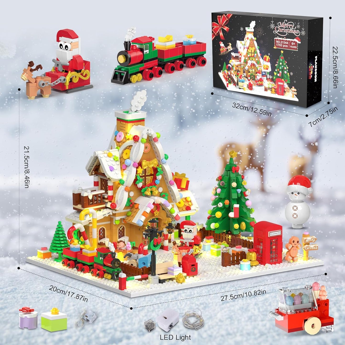 Christmas Gingerbread House Mini Building Set with LED Light, 1763 PCS Christmas Courtyard Building Block Toy with Santa Claus Xmas Tree Train Home Decor, Gift for Adult Kids Girls Boys 10+