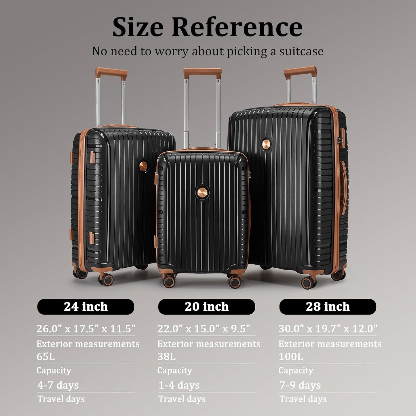Luggage Sets 5 Piece Suitcase Set, PP Hardshell Carry on Suitcase Set, Travel Suitcases with Double Spinner Wheels and TSA Lock, Black Brown