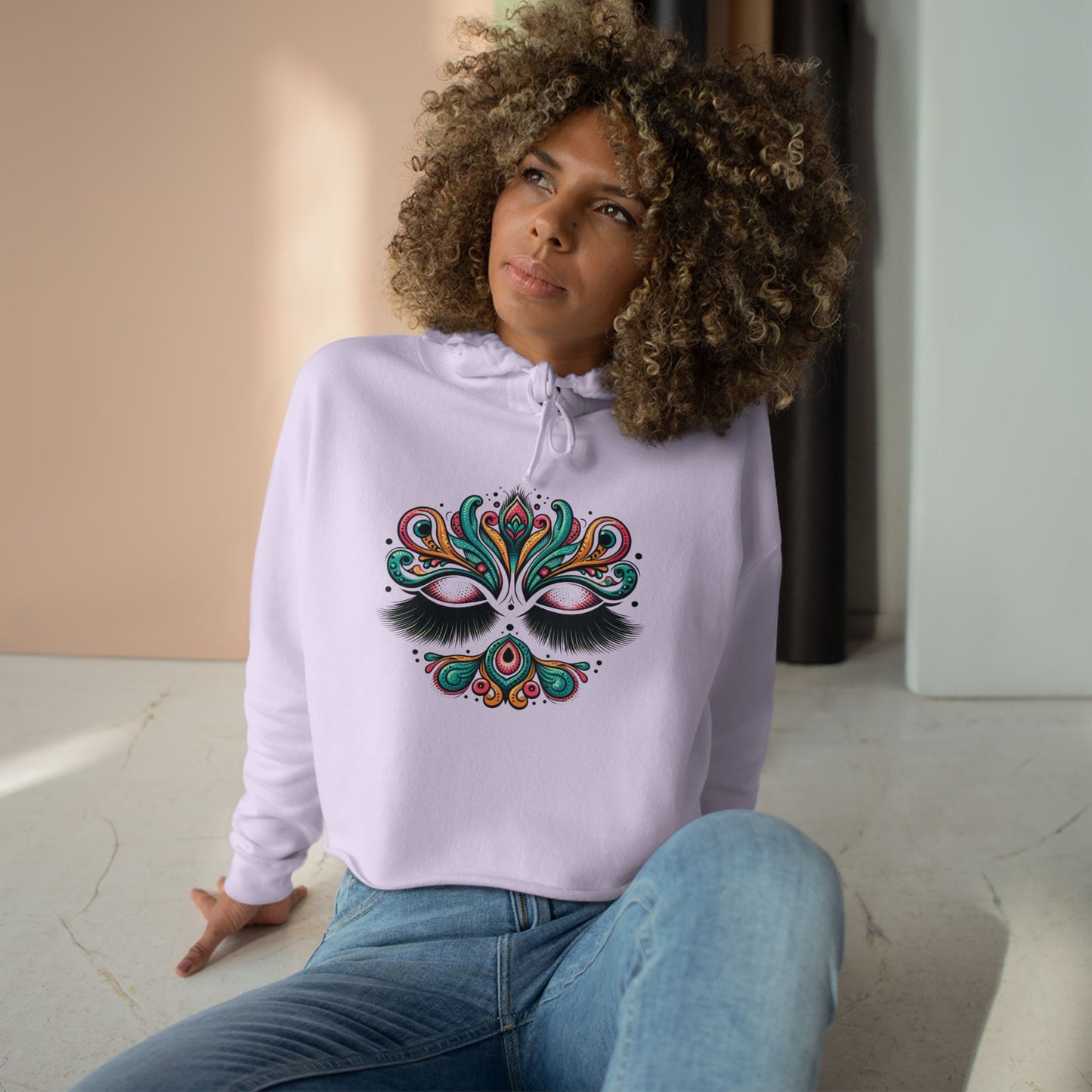 Lashes Boho Chic Crop Hoodie with Vibrant Peacock Design - Perfect for Festivals and Everyday Wear