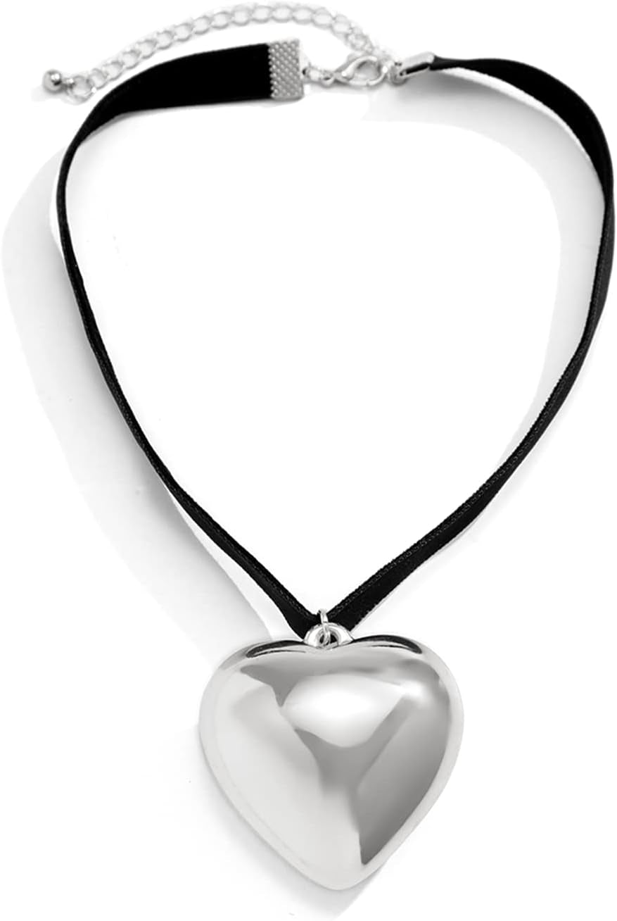 Chunky Puffy Heart Choker Necklace - Big Heart Pendant Adjustable Velvet Chain Heart Necklaces for Women Y2K Trendy Jewelry Accessories
