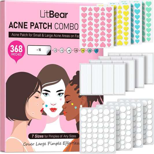 3 in 1 Acne Patch for Face, 7 Sizes 368 Patches Hydrocolloid Acne Patches for Chin, Forehead, Nose, 16 XL Pimple Patches Large for Body, Heart-Shaped Acne Cover Zit Patches Acne Dots Sticker