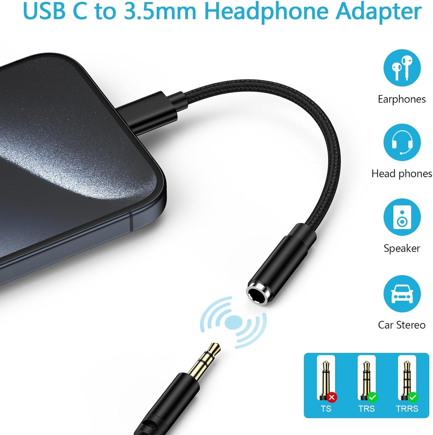 1Pack USB C to 3.5Mm Headphone Earphone Jack Adapter for Samsung Galaxy S25 plus Ultra S25+ S24 S23 S22 S21 S20 5G FE Ultra, Iphone 16 15 plus Pro Max, Type C Audio Headset Earbud Adapter