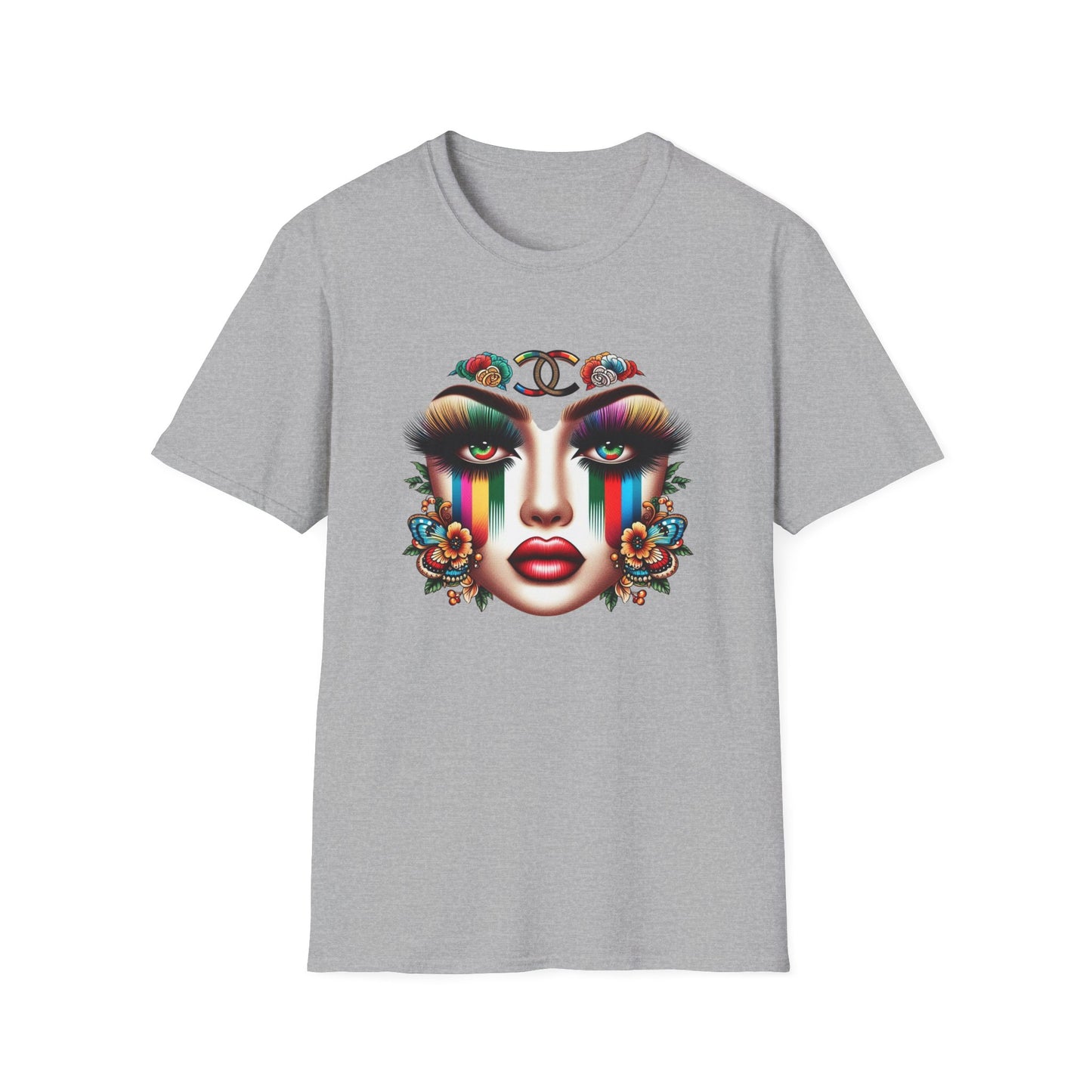Gucci Inspired Vibrant Art Face Unisex Softstyle T-Shirt - Colorful Floral Design
