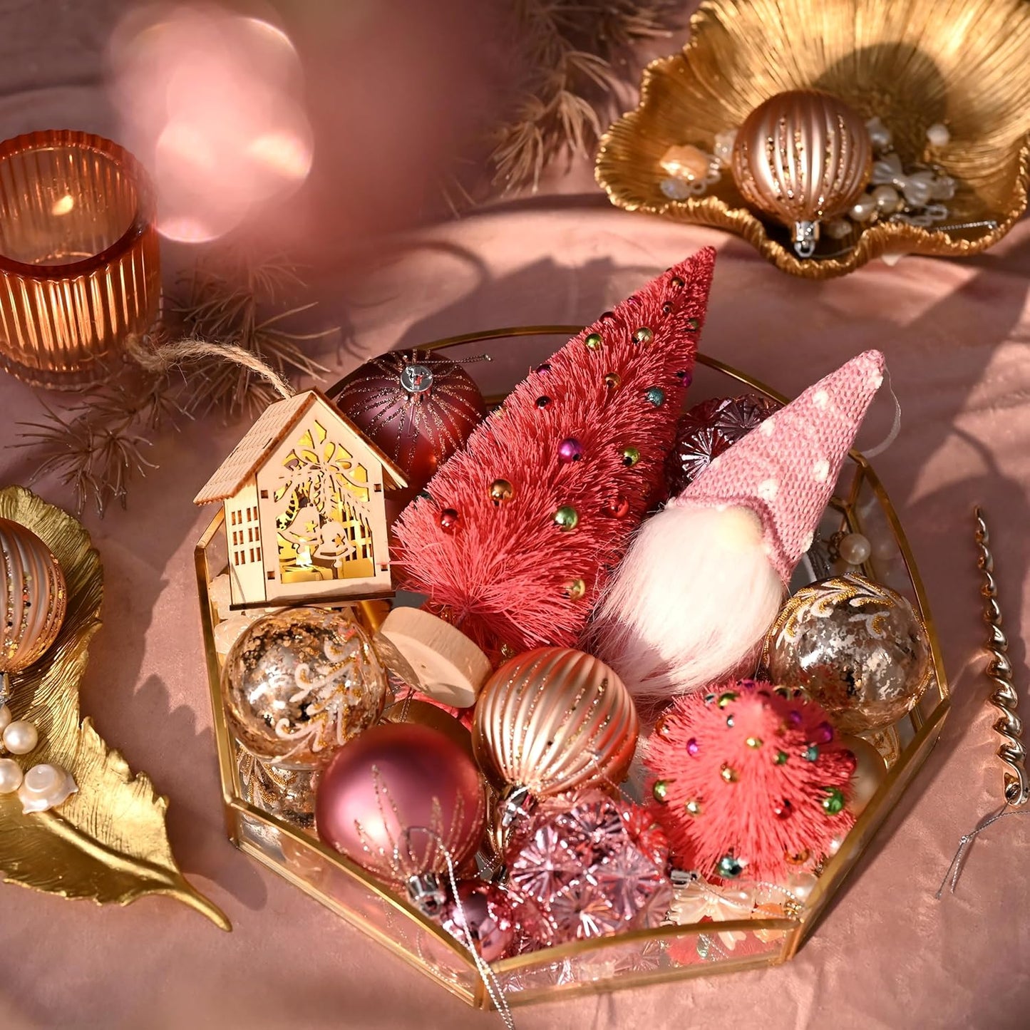 Decorbyhannah 70Ct Christmas Ornaments Set, Shatterproof Decorative Pink Gold Christmas Tree Decorations with Small Xmas Tree, Gnome and Wooden Lighted Bird House for Home Party Halloween Decor