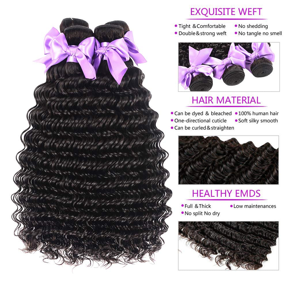 Brazilian Hair Deep Wave 3 Bundles with Frontal 13X4 Free Part Lace Frontal 100% Virgin Human Hair Bundles Brazilian Hair Extensions Natural Black Color (16 18 20+14)