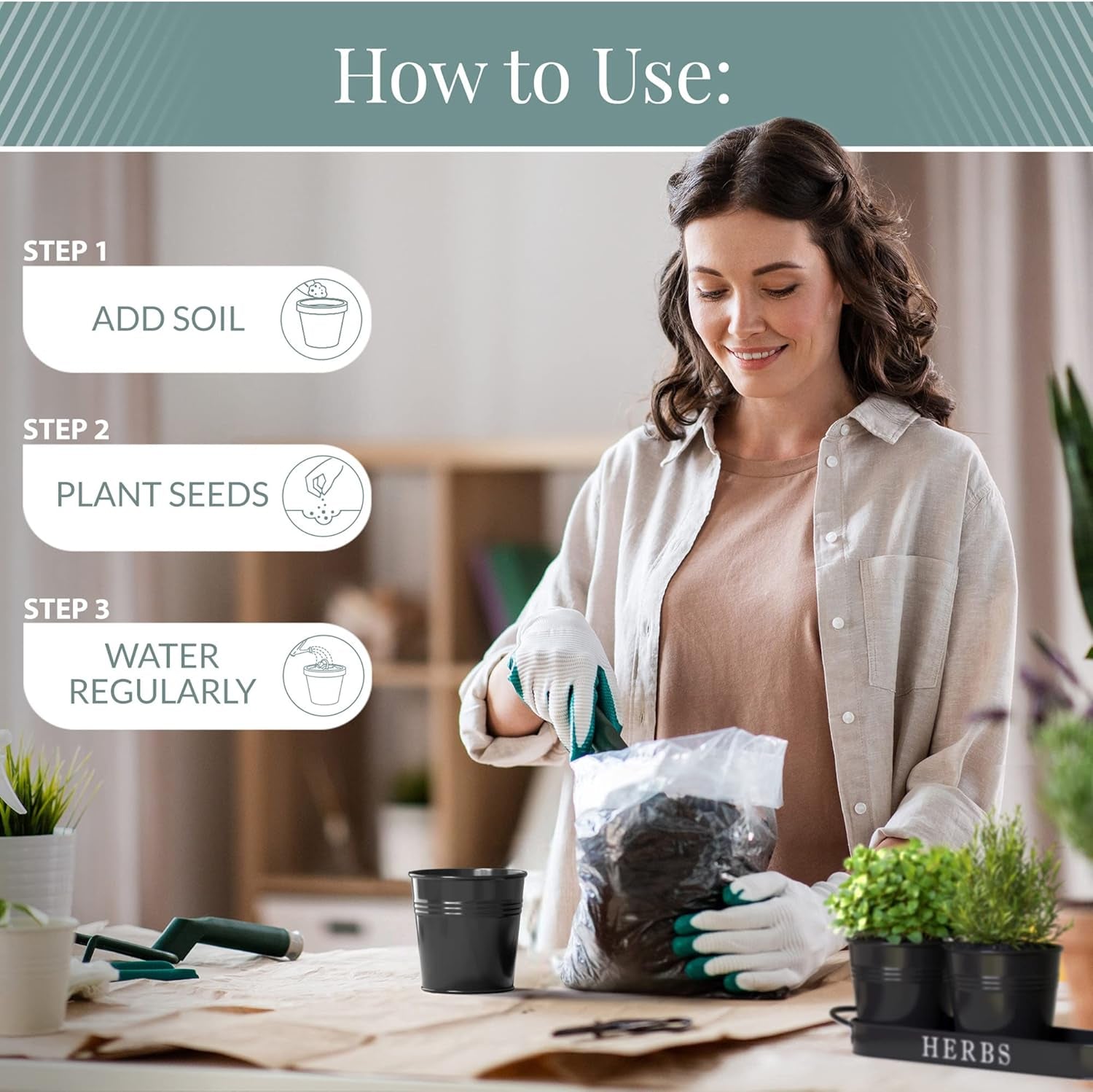 Indoor Herb Garden Planter Set with Tray, Metal Windowsill Plant Pots with Drainage for Outdoor or Indoor Plants, Set/3 (Black)