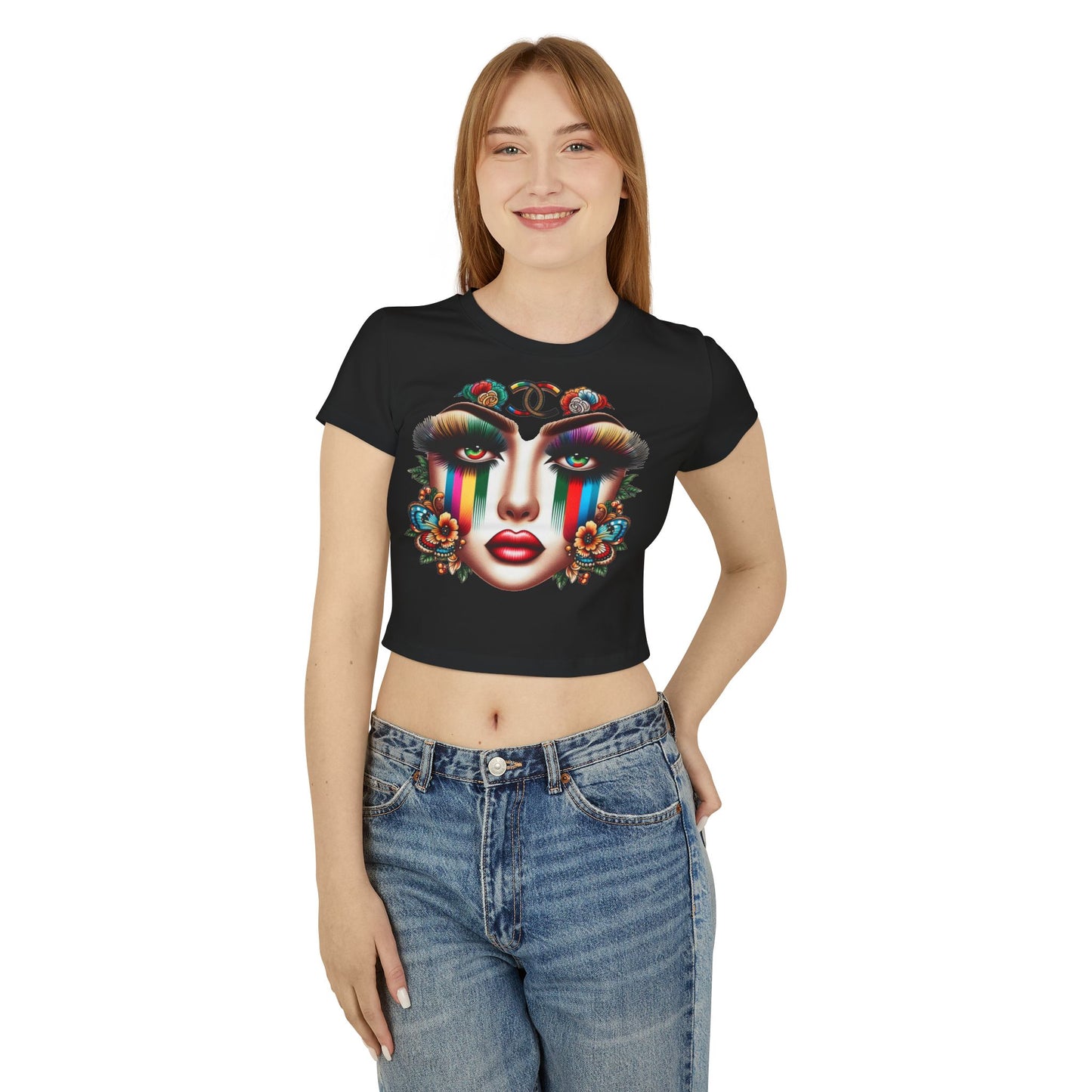 Vibrant Graphic Women's Baby Tee - Colorful Floral Face Design
