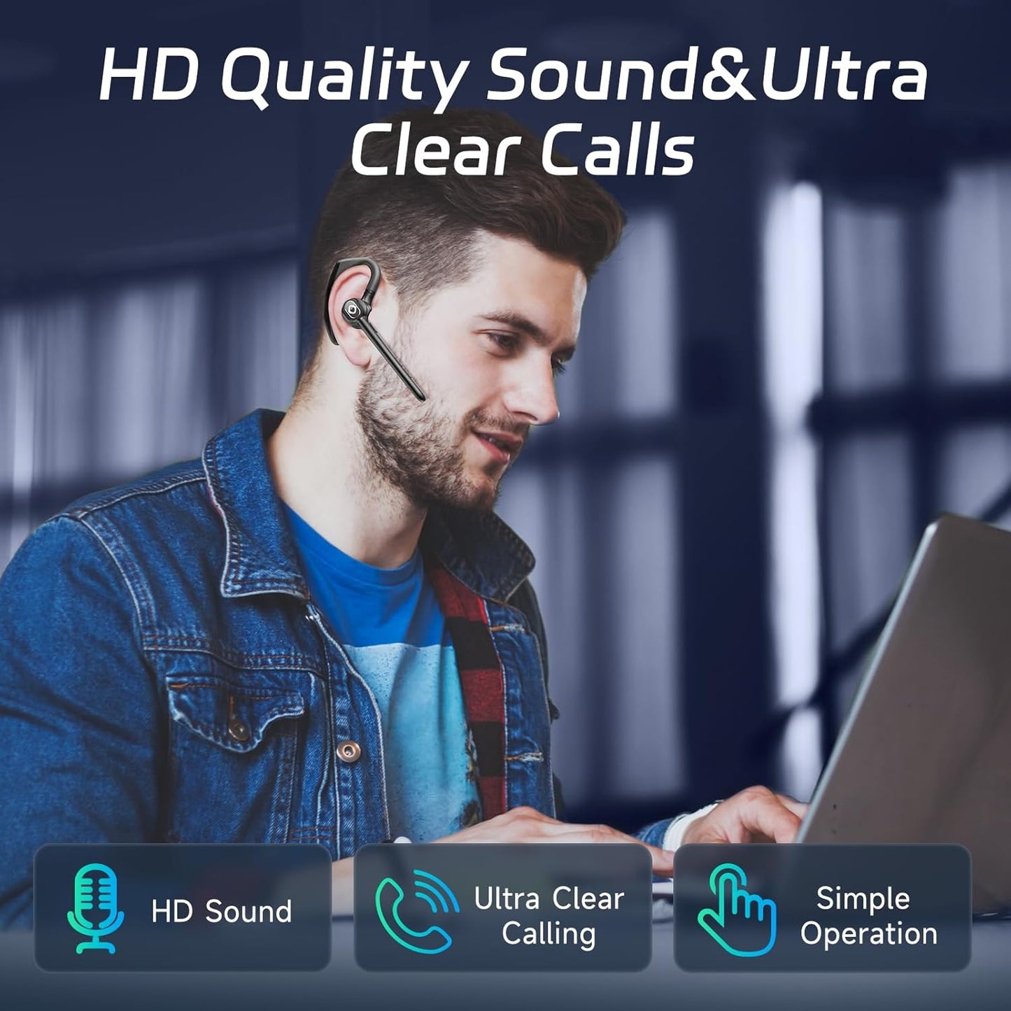 Wireless Headset Bluetooth Earpiece with Dual Noise Canceling Microphone Hands Free Headphones Single Ear Earphone over Ear Earbud for Iphone Samsung Android Cellphones TV PC Trucker Game Work TRUCK DRIVER